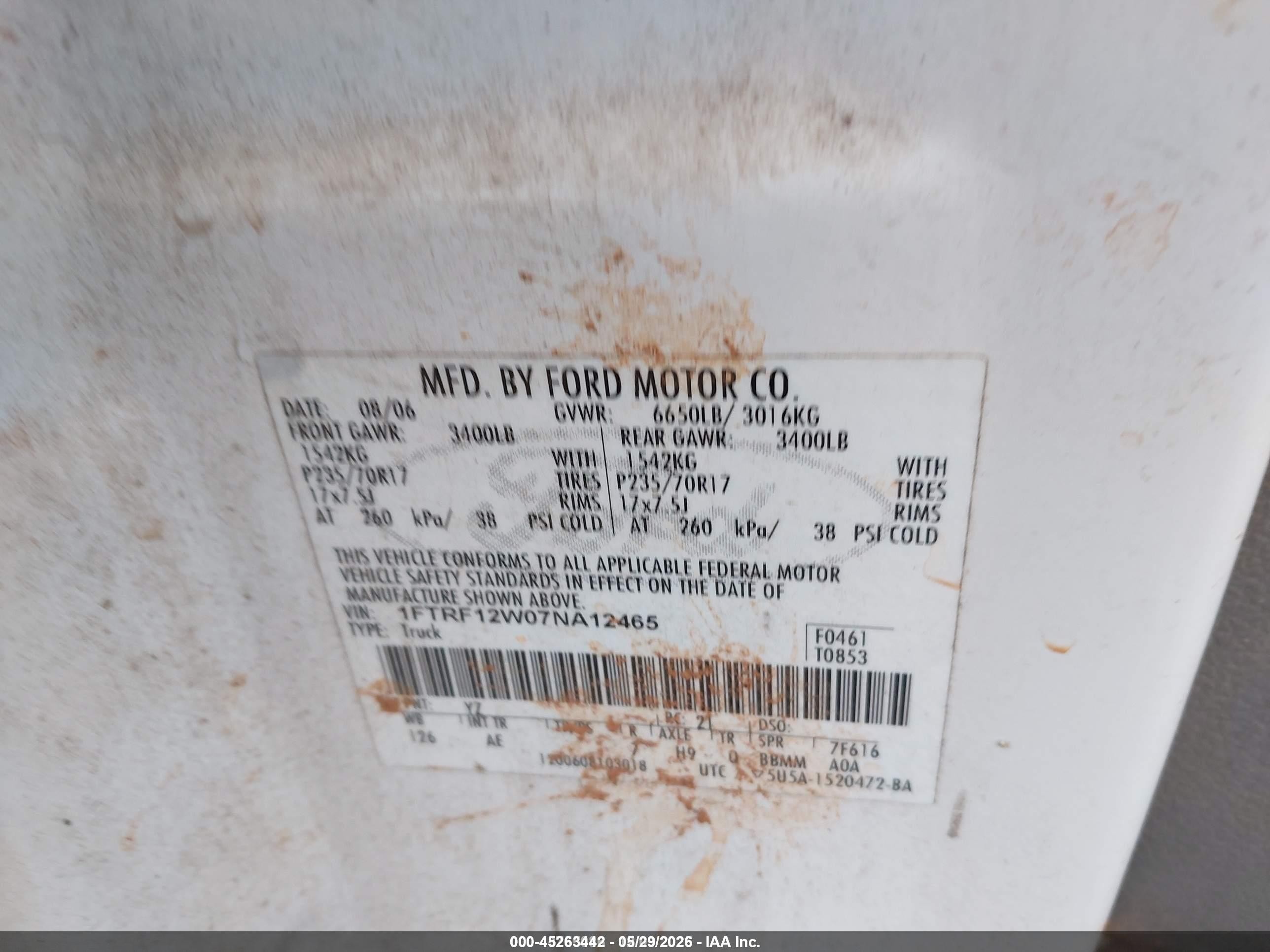 2007 Ford F-150 Stx/xl/xlt White vin: 1FTRF12W07NA12465