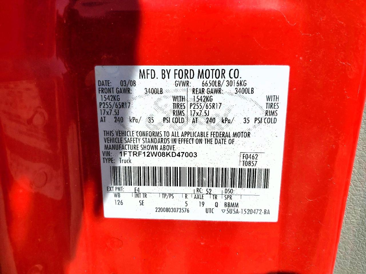 2008 Ford F150 Red vin: 1FTRF12W08KD47003