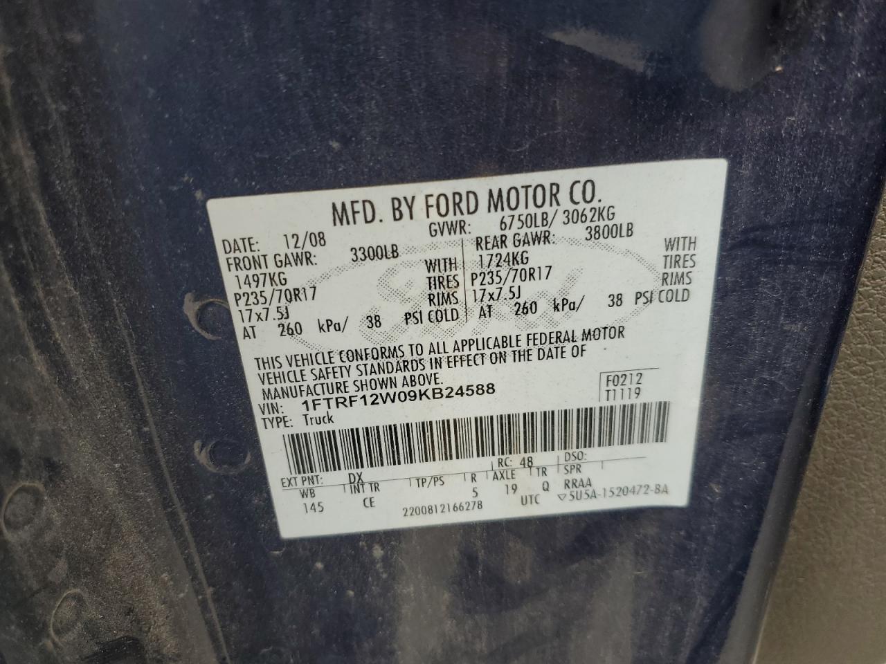 2009 Ford F150 Синий vin: 1FTRF12W09KB24588