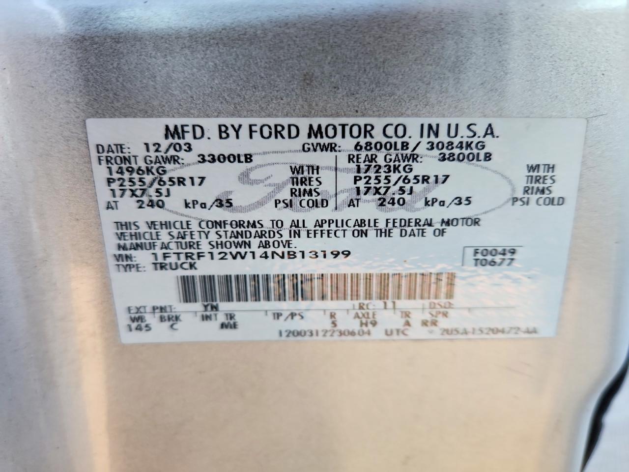 2004 Ford F150 Silver vin: 1FTRF12W14NB13199