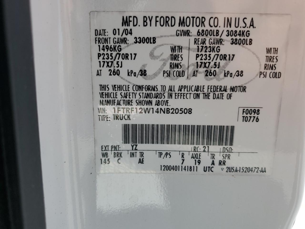 2004 Ford F150 White vin: 1FTRF12W14NB20508