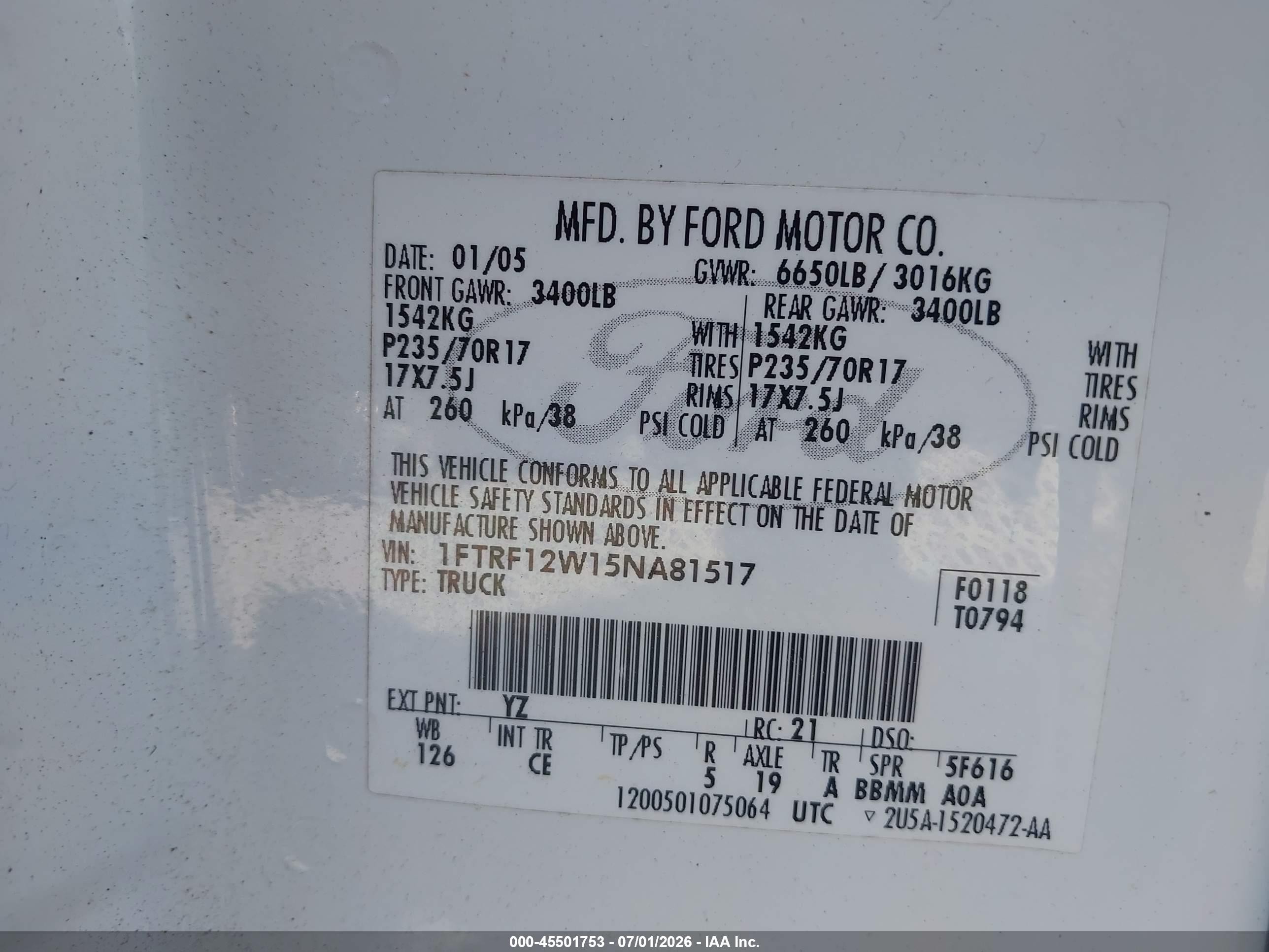 2005 Ford F-150 Stx/xl/xlt Белый vin: 1FTRF12W15NA81517