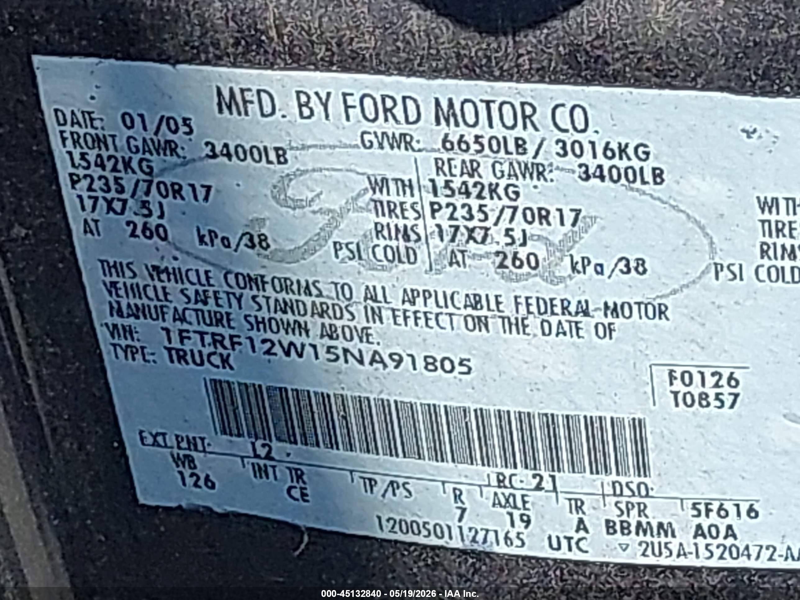 2005 Ford F-150 Stx/xl/xlt Blue vin: 1FTRF12W15NA91805