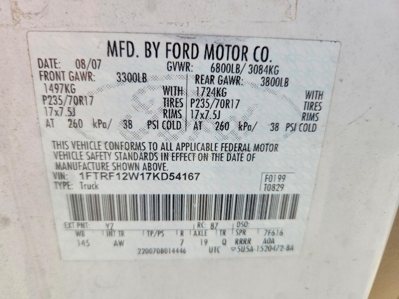 2007 Ford F150 White vin: 1FTRF12W17KD54167