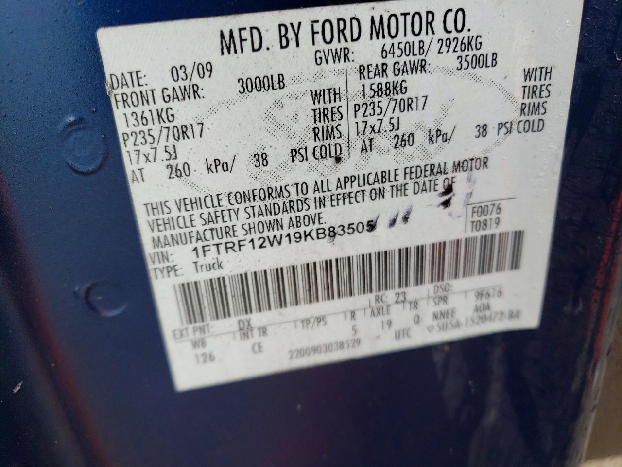 2009 Ford F150 Синий vin: 1FTRF12W19KB83505
