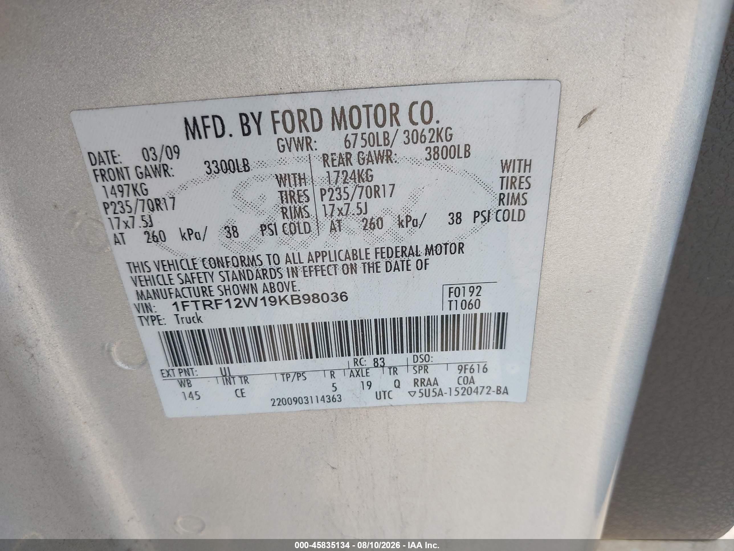 2009 Ford F-150 Stx/xl/xl W/midbox Prep/xlt/xlt W/midbox Prep Silver vin: 1FTRF12W19KB98036