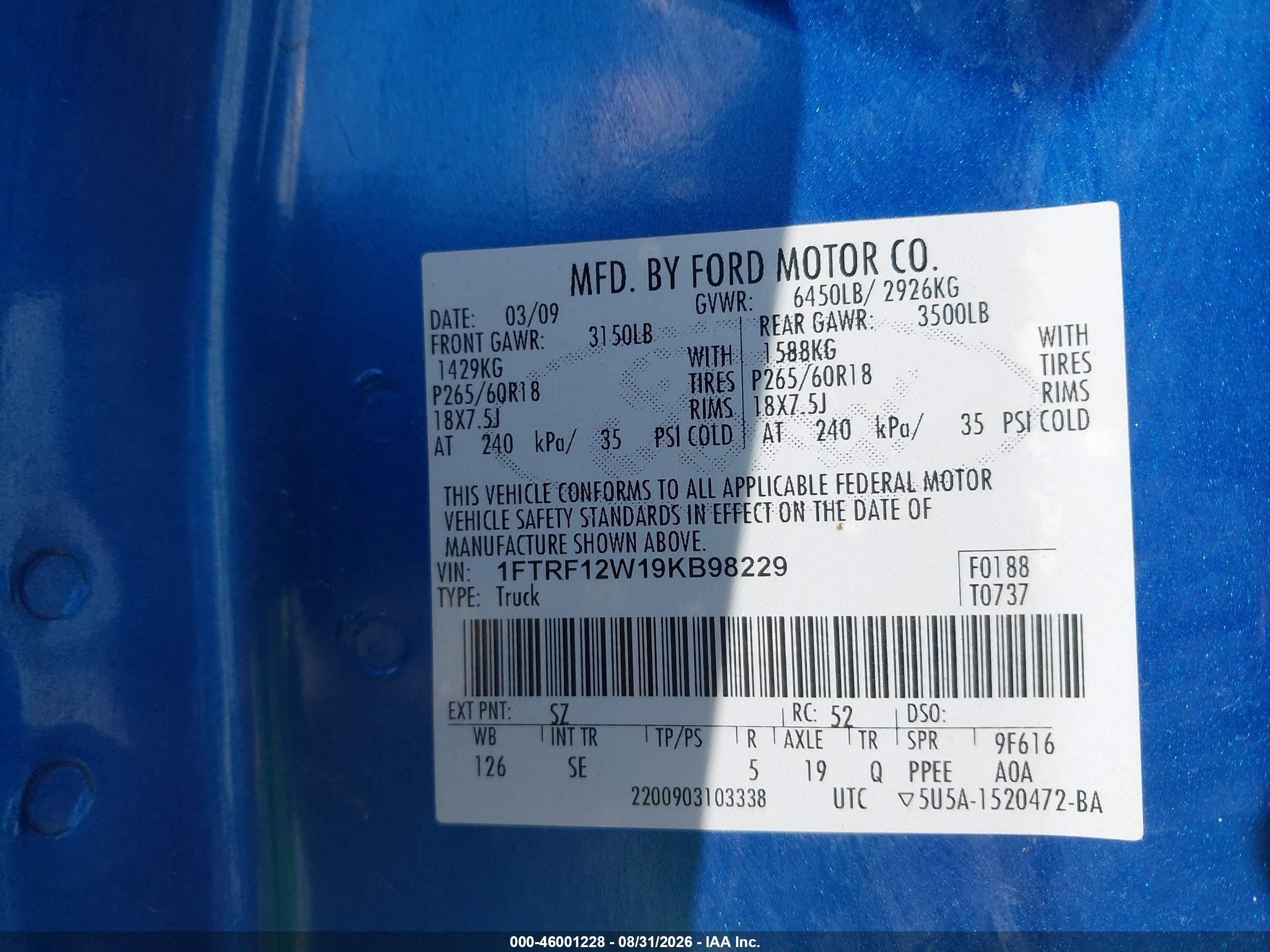2009 Ford F-150 Stx/xl/xlt Blue vin: 1FTRF12W19KB98229