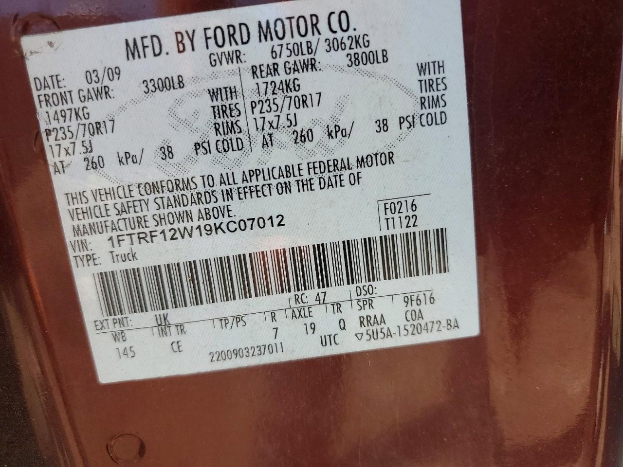 2009 Ford F150 Burgundy vin: 1FTRF12W19KC07012