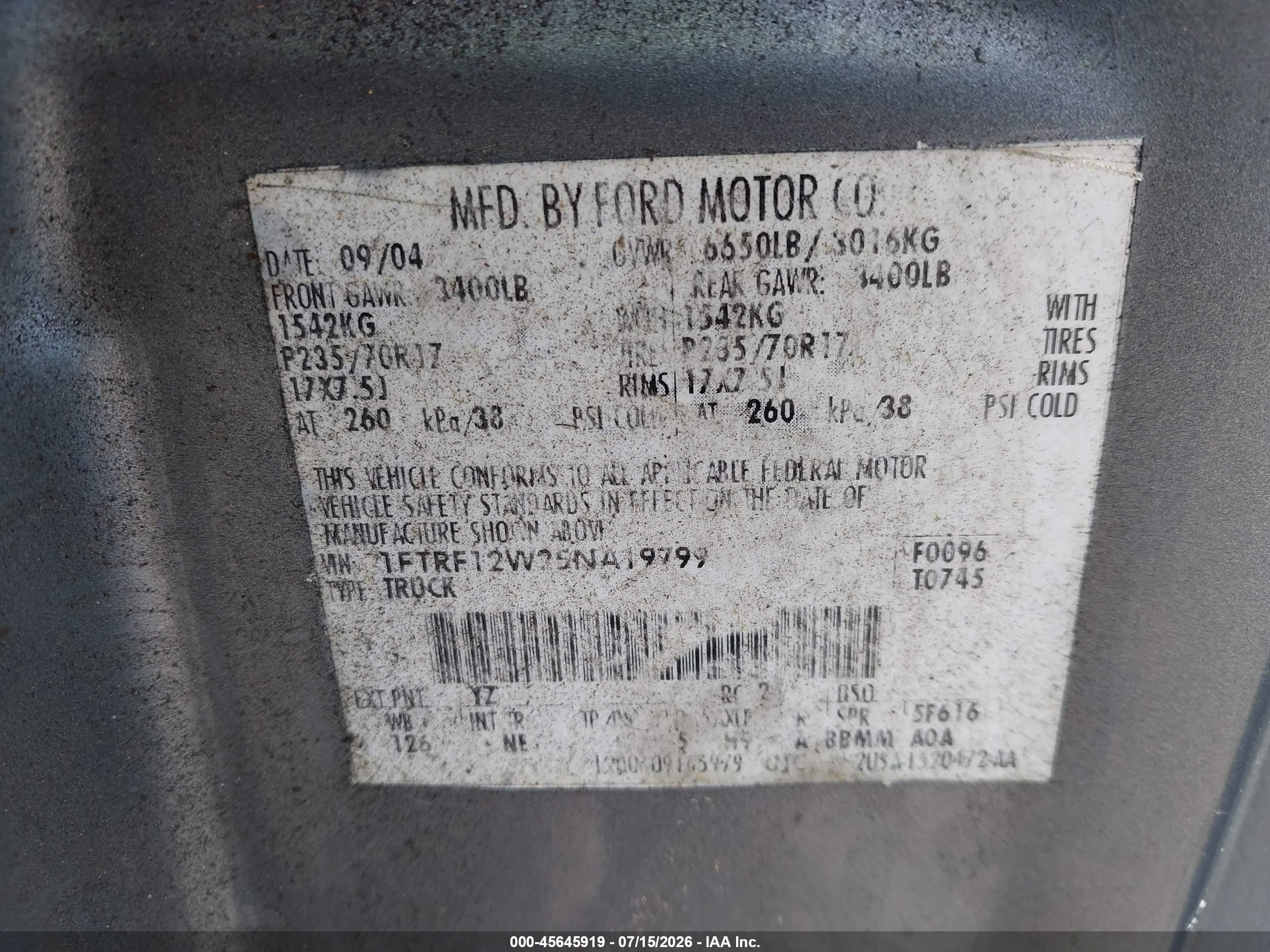 2005 Ford F-150 Stx/xl/xlt Gray vin: 1FTRF12W25NA19799