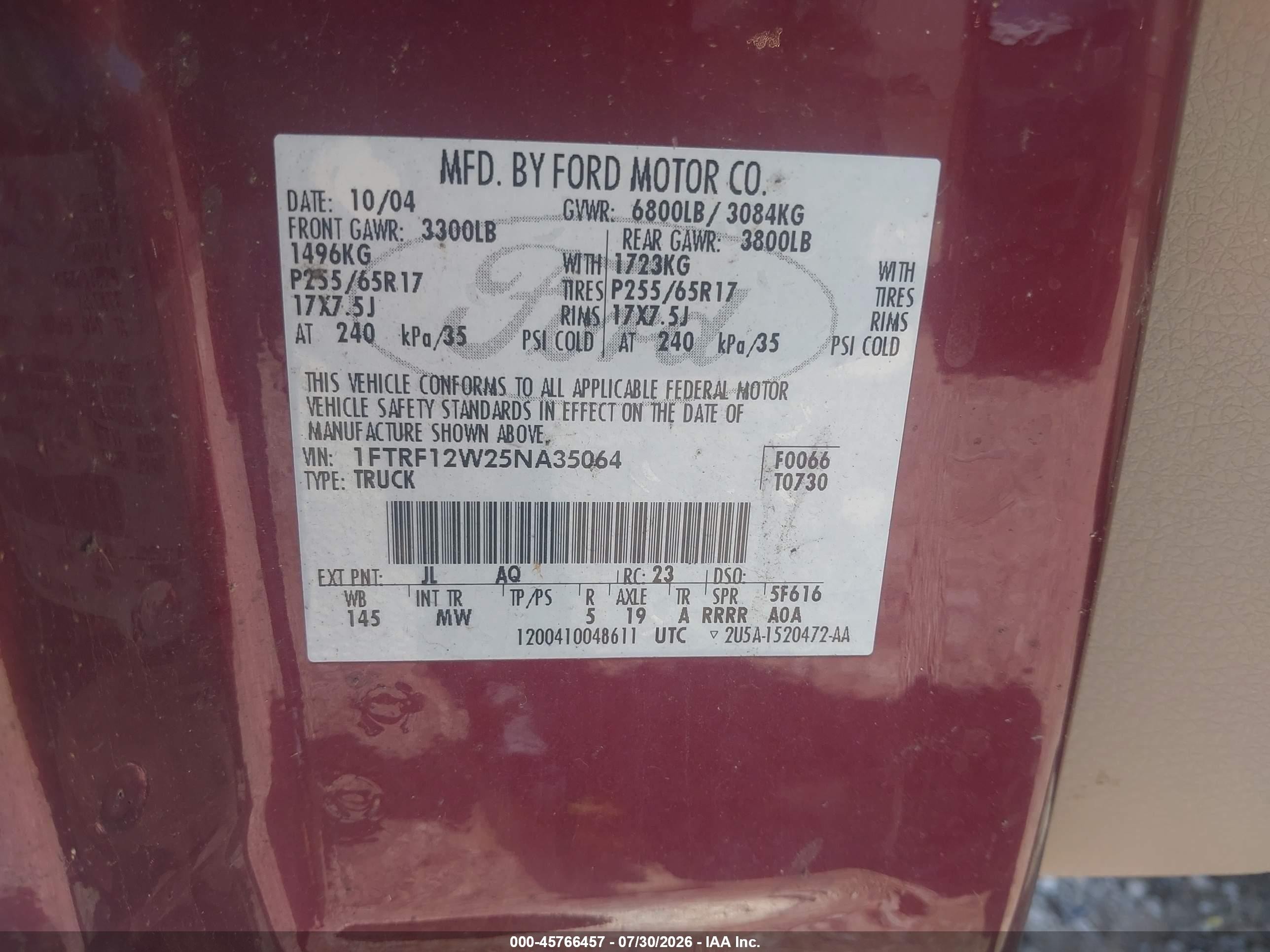 2005 Ford F-150 Stx/xl/xlt Burgundy vin: 1FTRF12W25NA35064