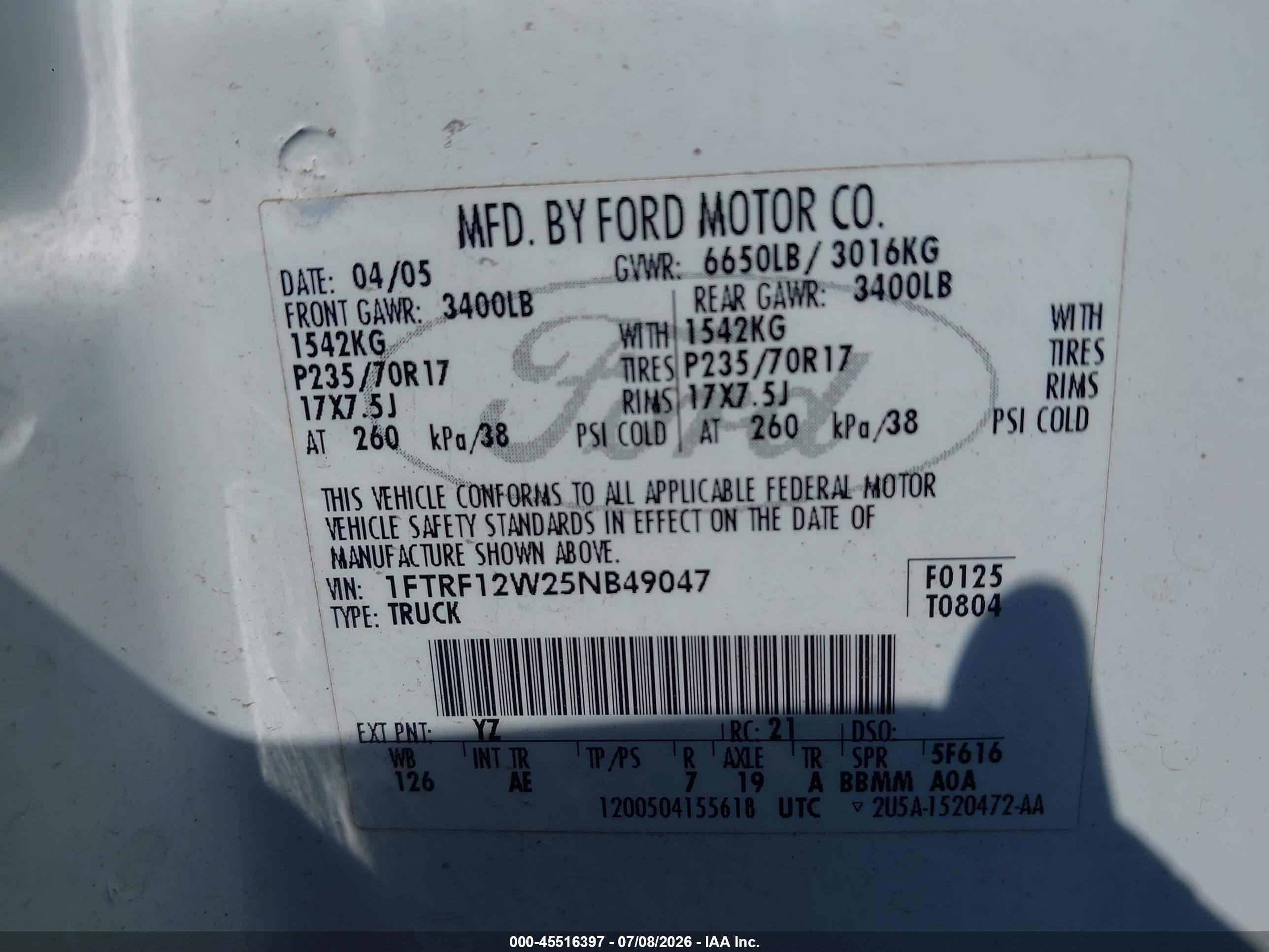 2005 Ford F-150 Stx/xl/xlt White vin: 1FTRF12W25NB49047