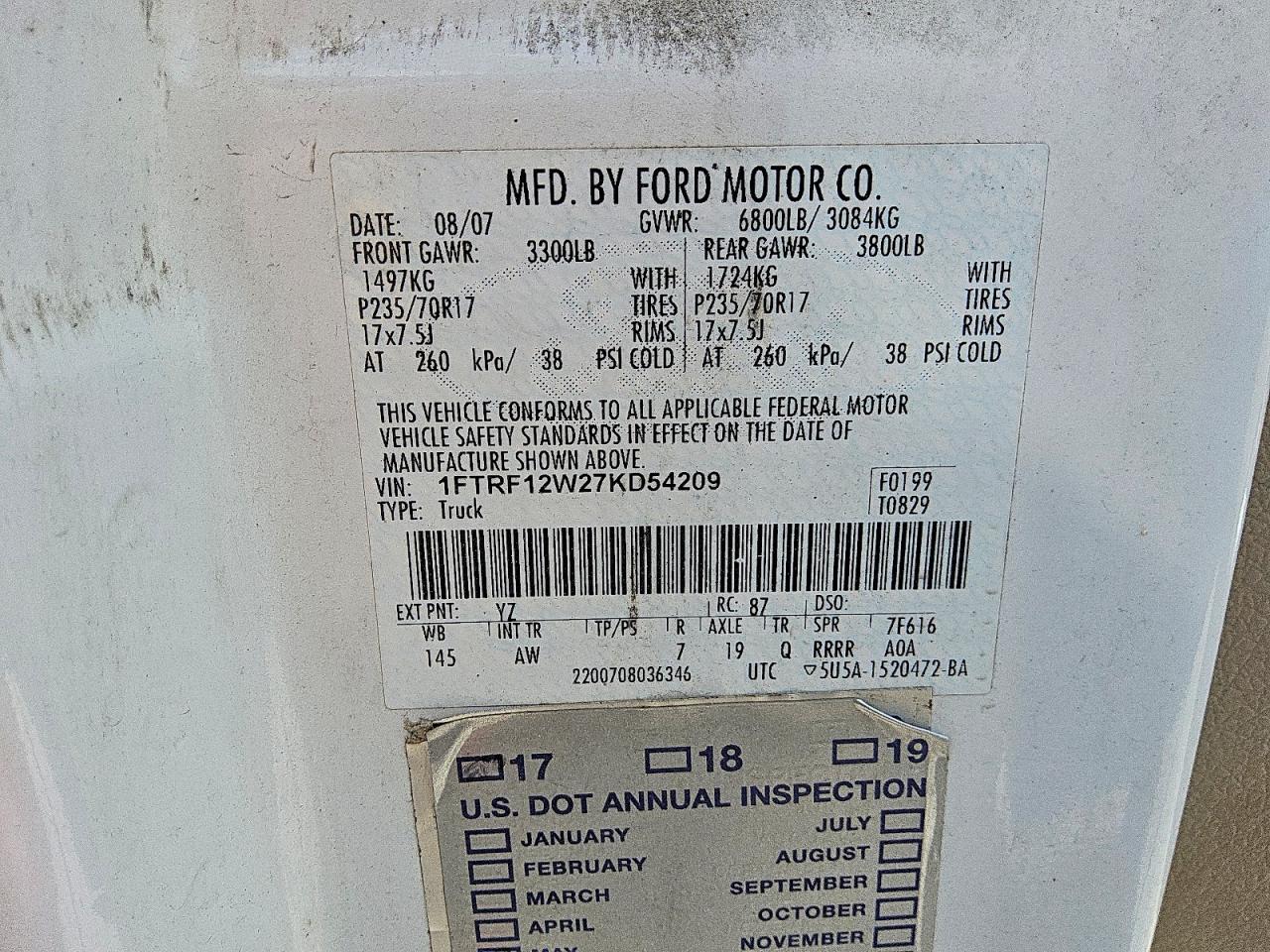 2007 Ford F150 Белый vin: 1FTRF12W27KD54209