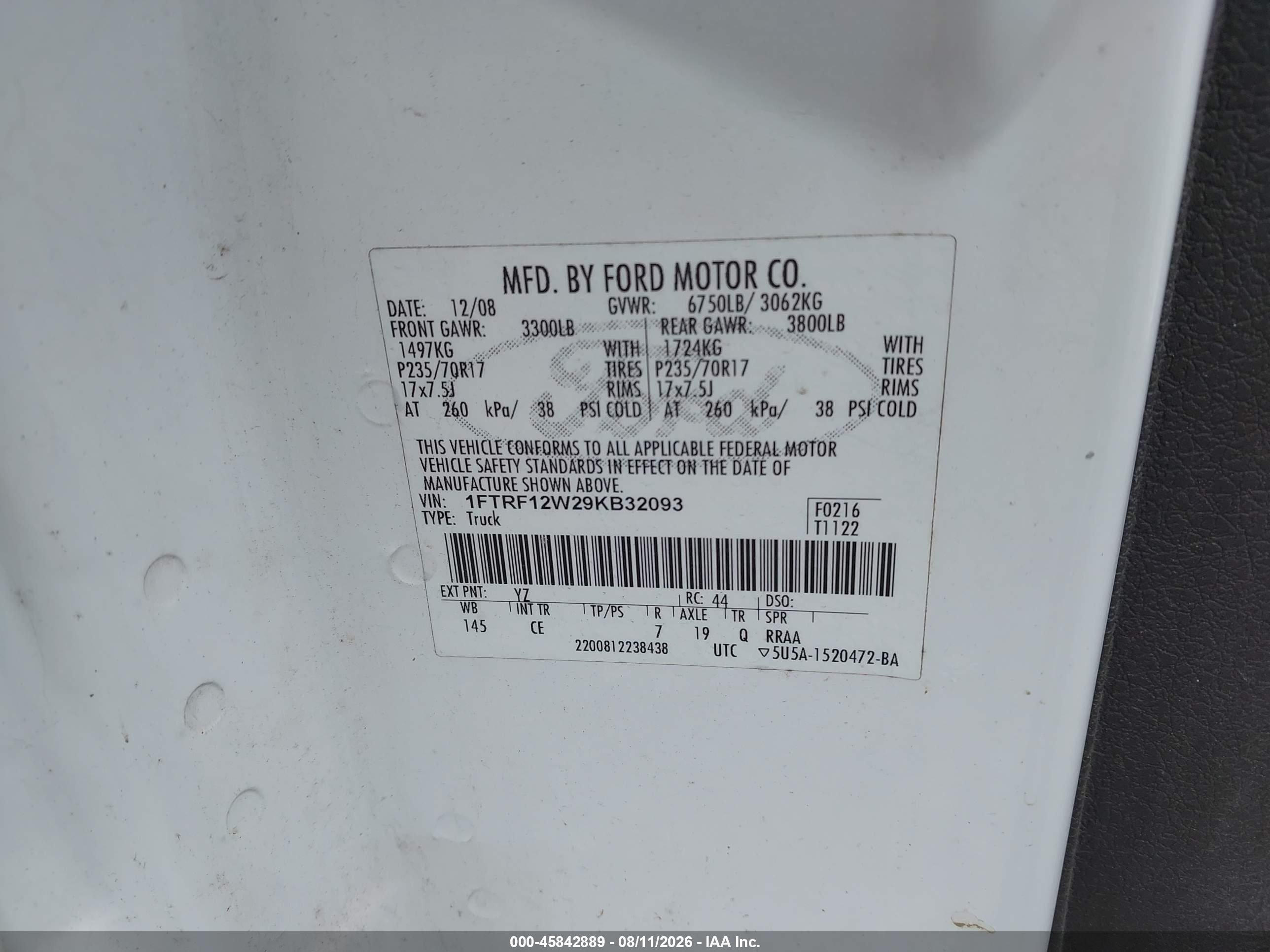 2009 Ford F-150 Stx/xl/xl W/midbox Prep/xlt/xlt W/midbox Prep White vin: 1FTRF12W29KB32093