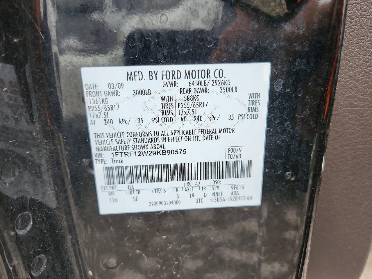 2009 Ford F150 Black vin: 1FTRF12W29KB90575
