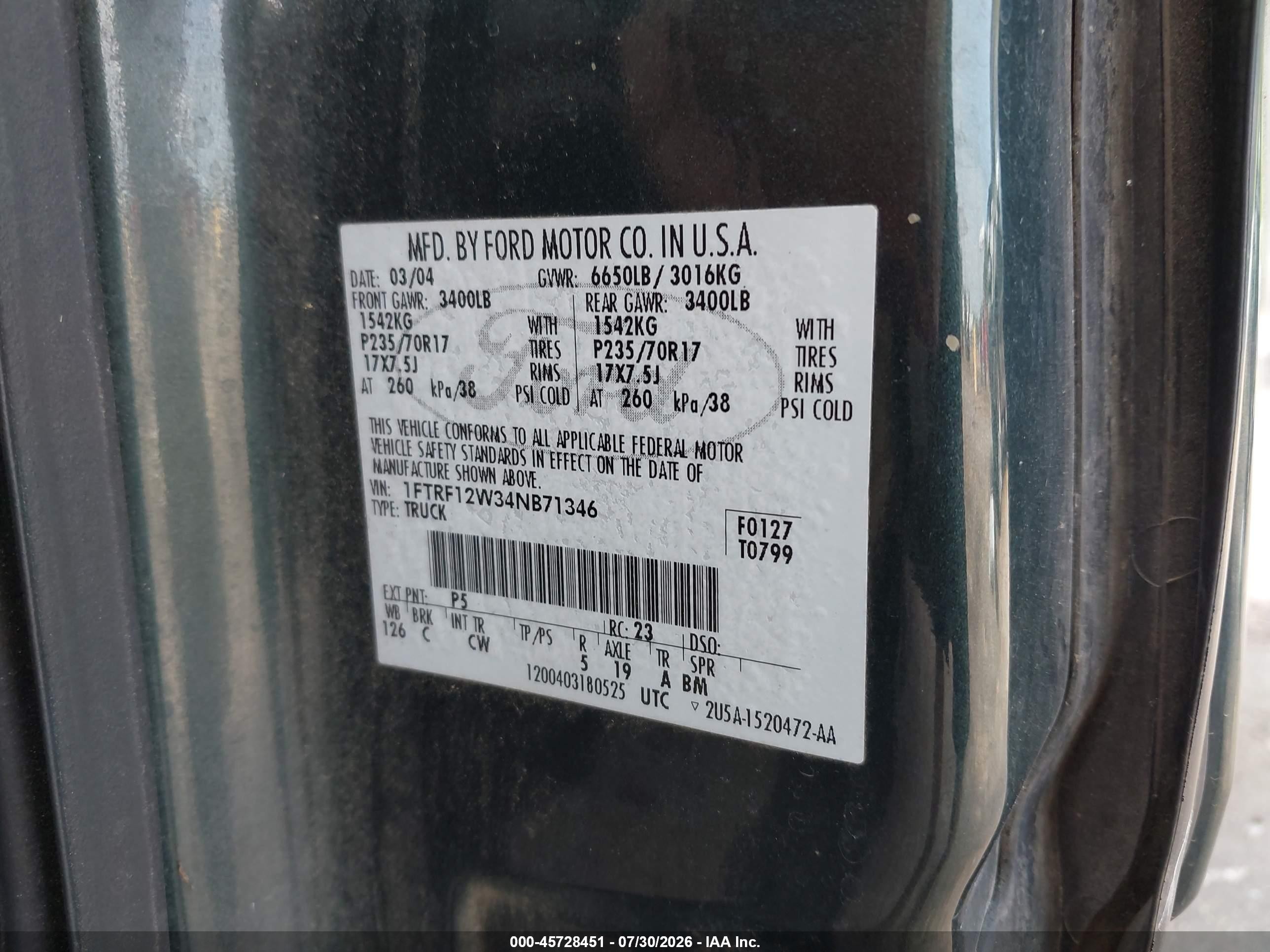 2004 Ford F-150 Stx/xl/xlt Зеленый vin: 1FTRF12W34NB71346