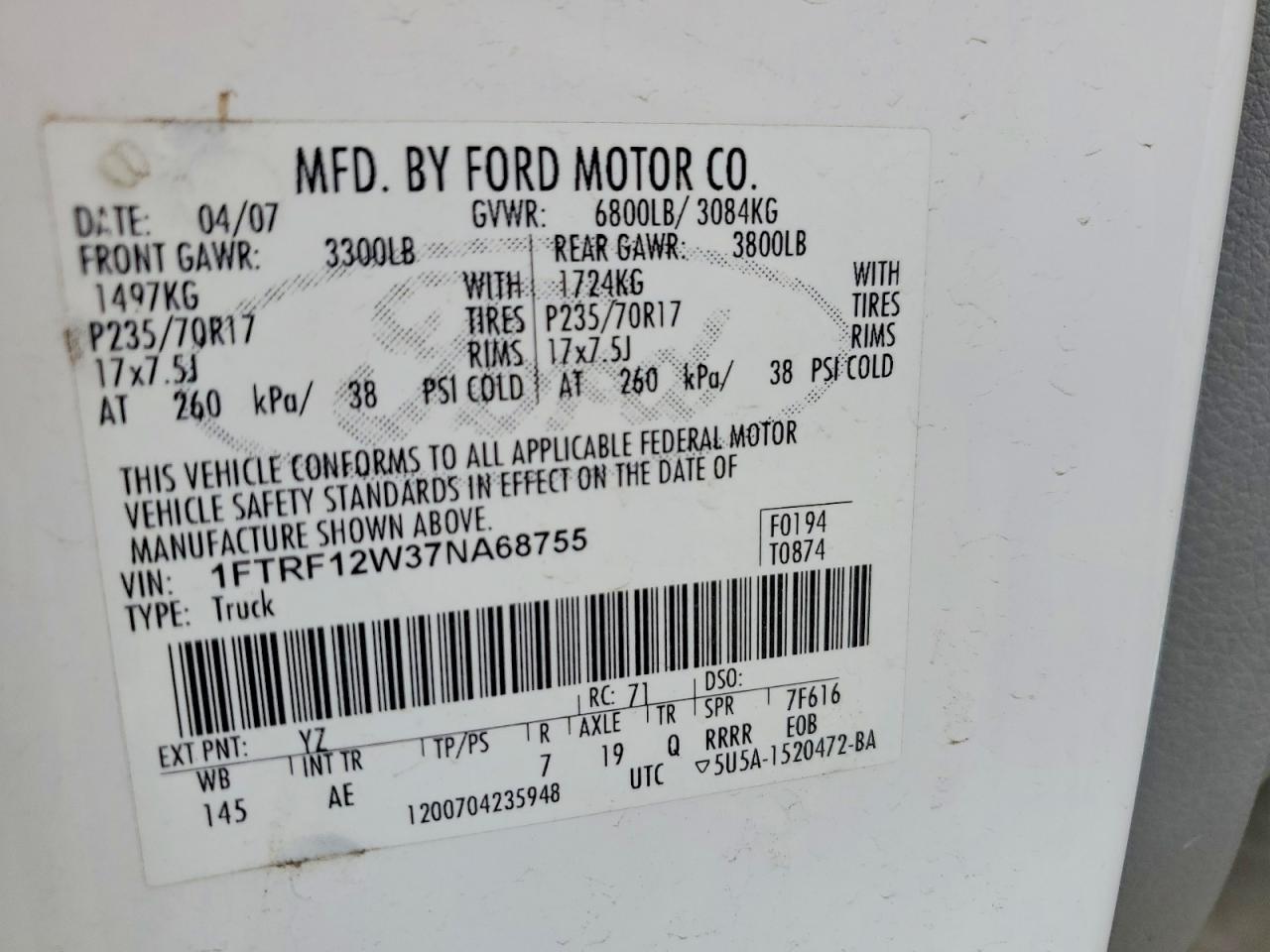 2007 Ford F150 Supercrew Белый vin: 1FTRF12W37NA68755