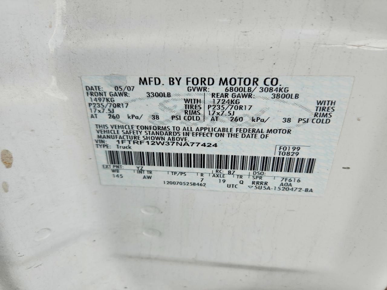 2007 Ford F150 Белый vin: 1FTRF12W37NA77424