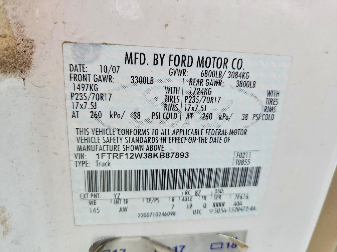 2008 Ford F150 White vin: 1FTRF12W38KB87893