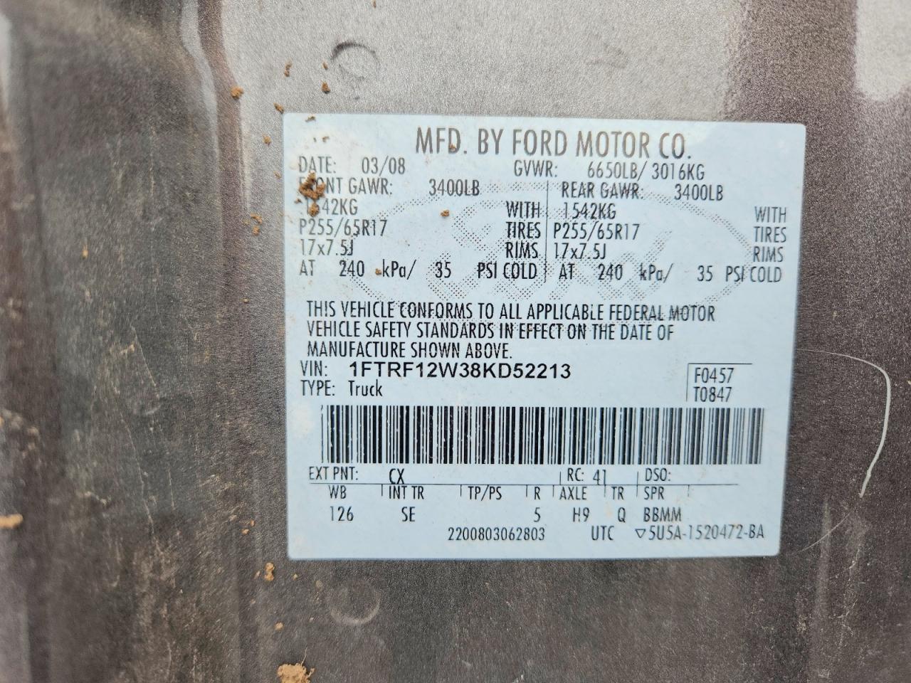2008 Ford F150 Gray vin: 1FTRF12W38KD52213
