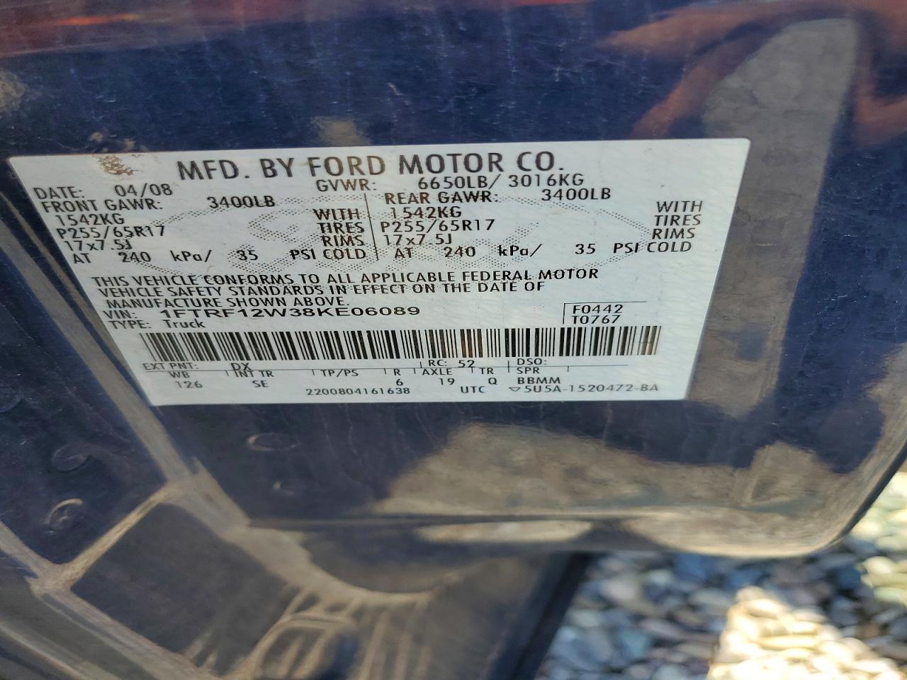 2008 Ford F150 Blue vin: 1FTRF12W38KE06089