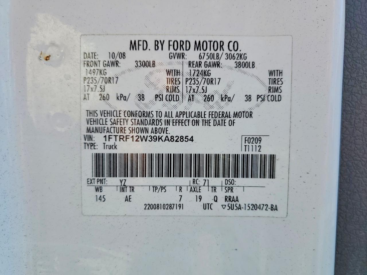 2009 Ford F150 White vin: 1FTRF12W39KA82854