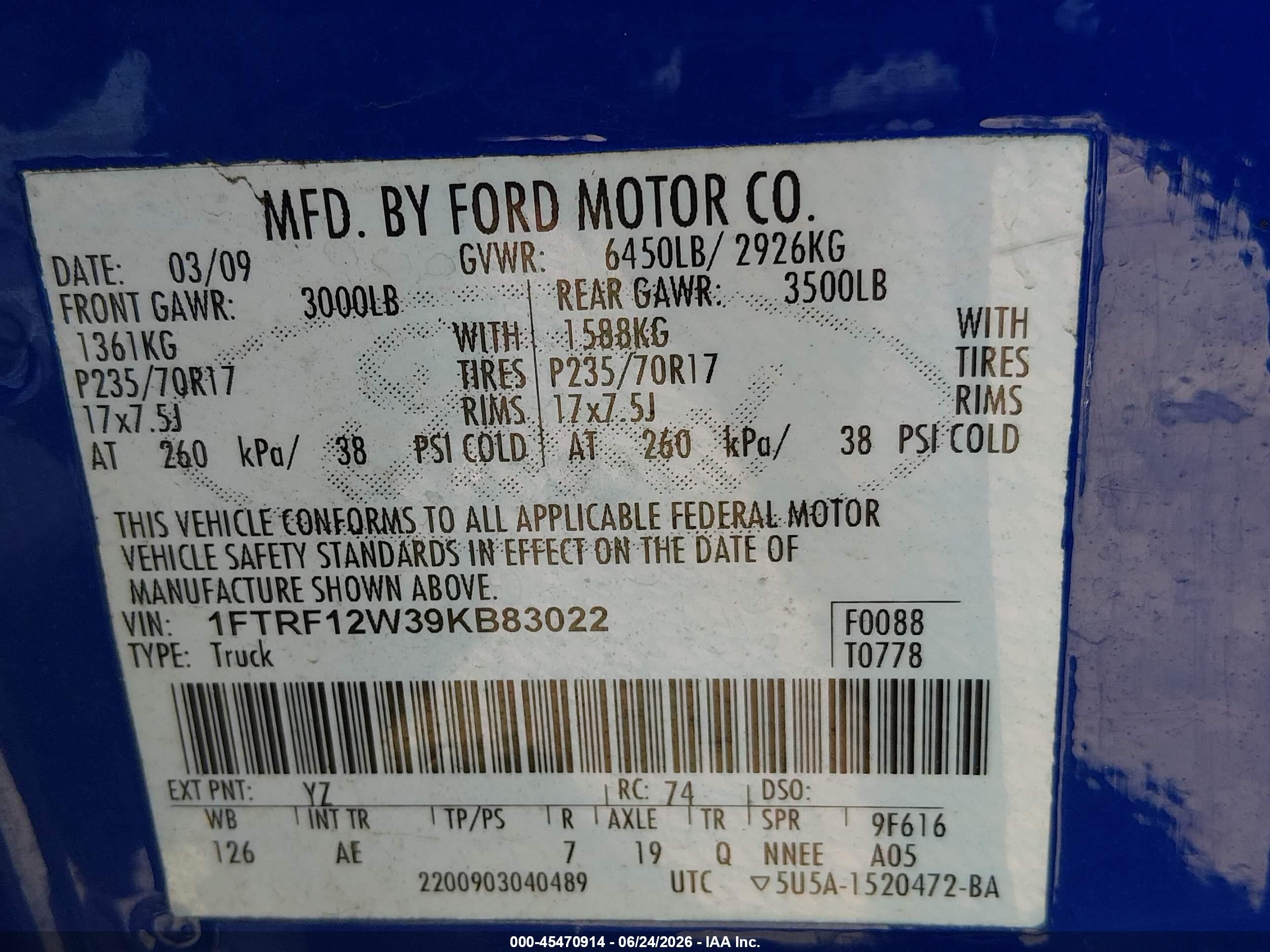 2009 Ford F-150 Stx/xl/xl W/midbox Prep/xlt/xlt W/midbox Prep Blue vin: 1FTRF12W39KB83022