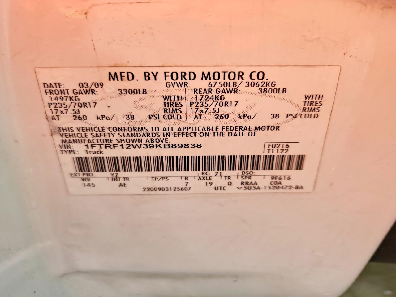 2009 Ford F150 White vin: 1FTRF12W39KB89838