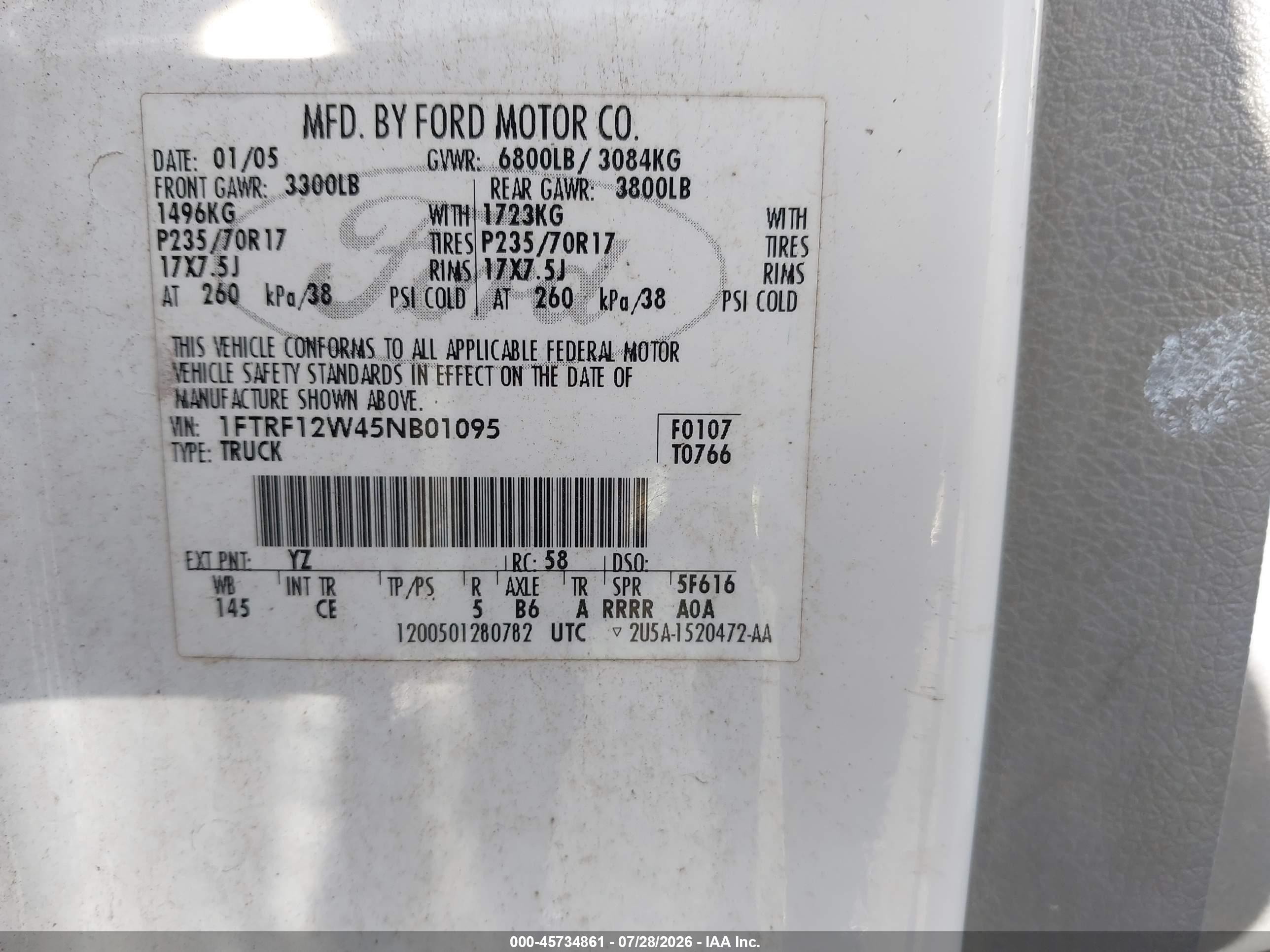 2005 Ford F-150 Stx/xl/xlt Белый vin: 1FTRF12W45NB01095