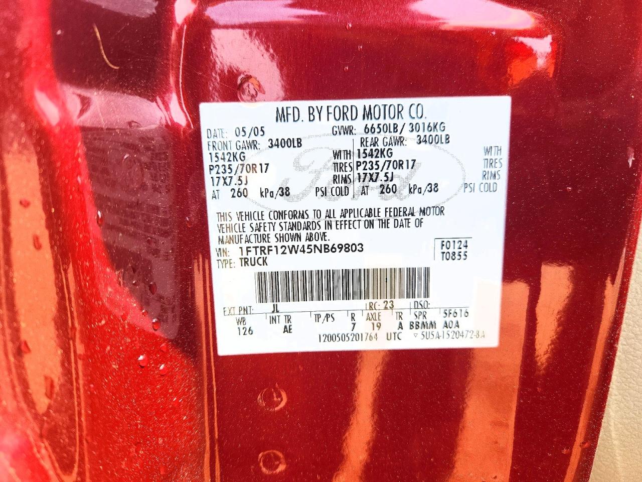2005 Ford F150 Purple vin: 1FTRF12W45NB69803