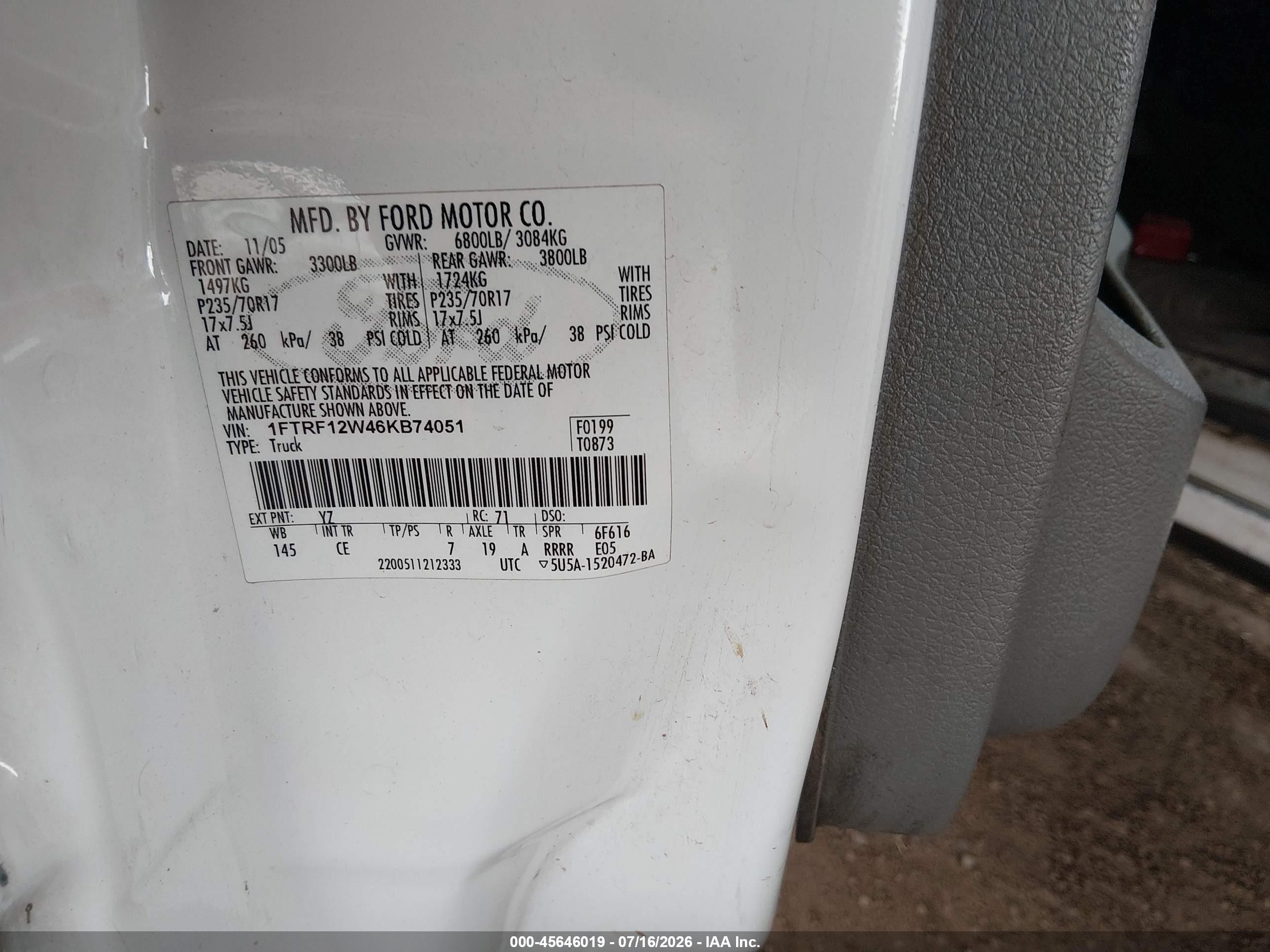 2006 Ford F-150 Stx/xl/xlt White vin: 1FTRF12W46KB74051