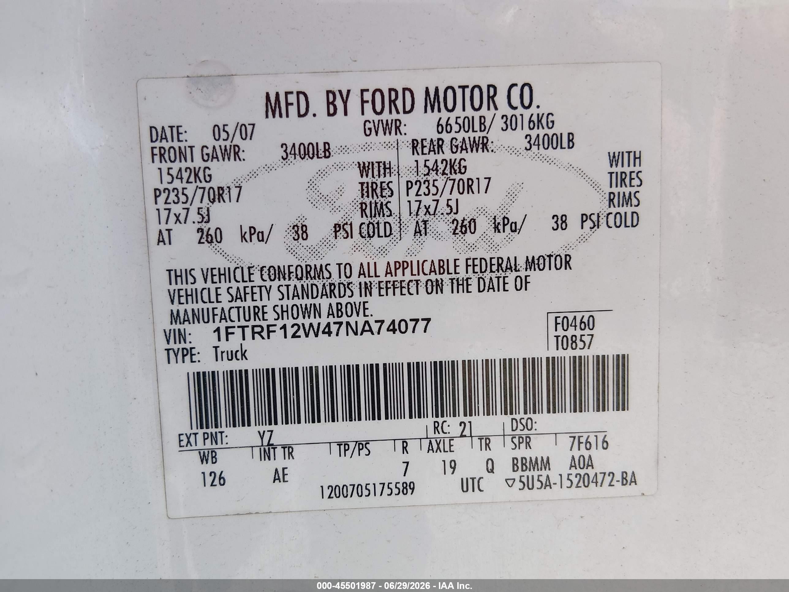 2007 Ford F-150 Stx/xl/xlt Белый vin: 1FTRF12W47NA74077