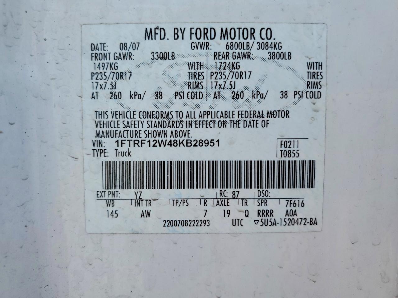 2008 Ford F150 Белый vin: 1FTRF12W48KB28951