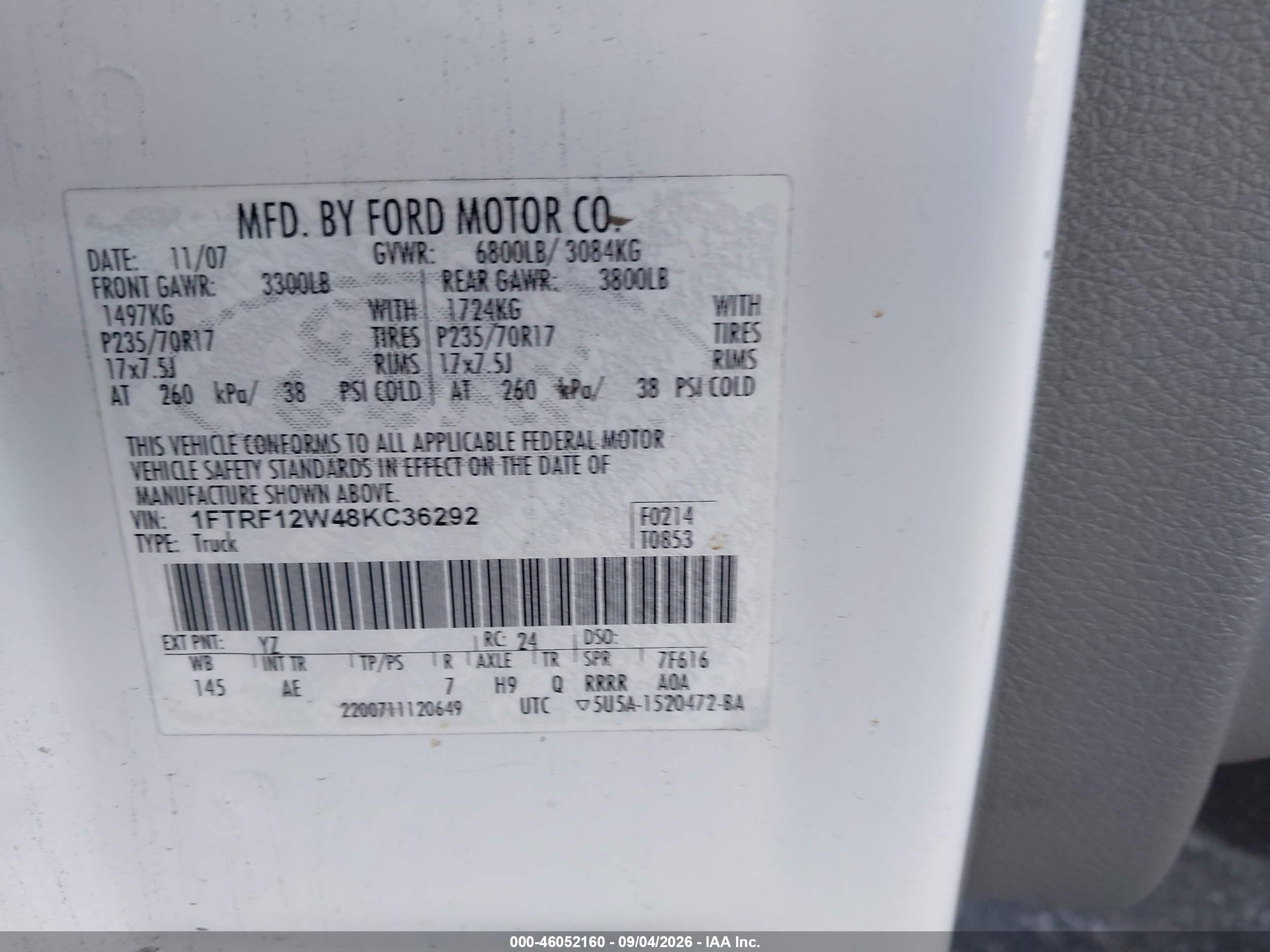 2008 Ford F-150 Fx2/stx/xl/xlt Белый vin: 1FTRF12W48KC36292