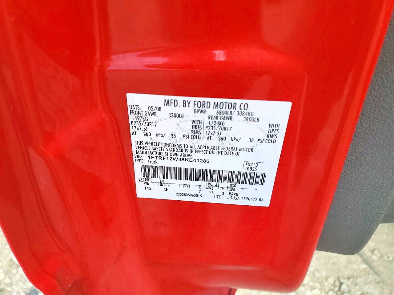 2008 Ford F150 Red vin: 1FTRF12W48KE41286