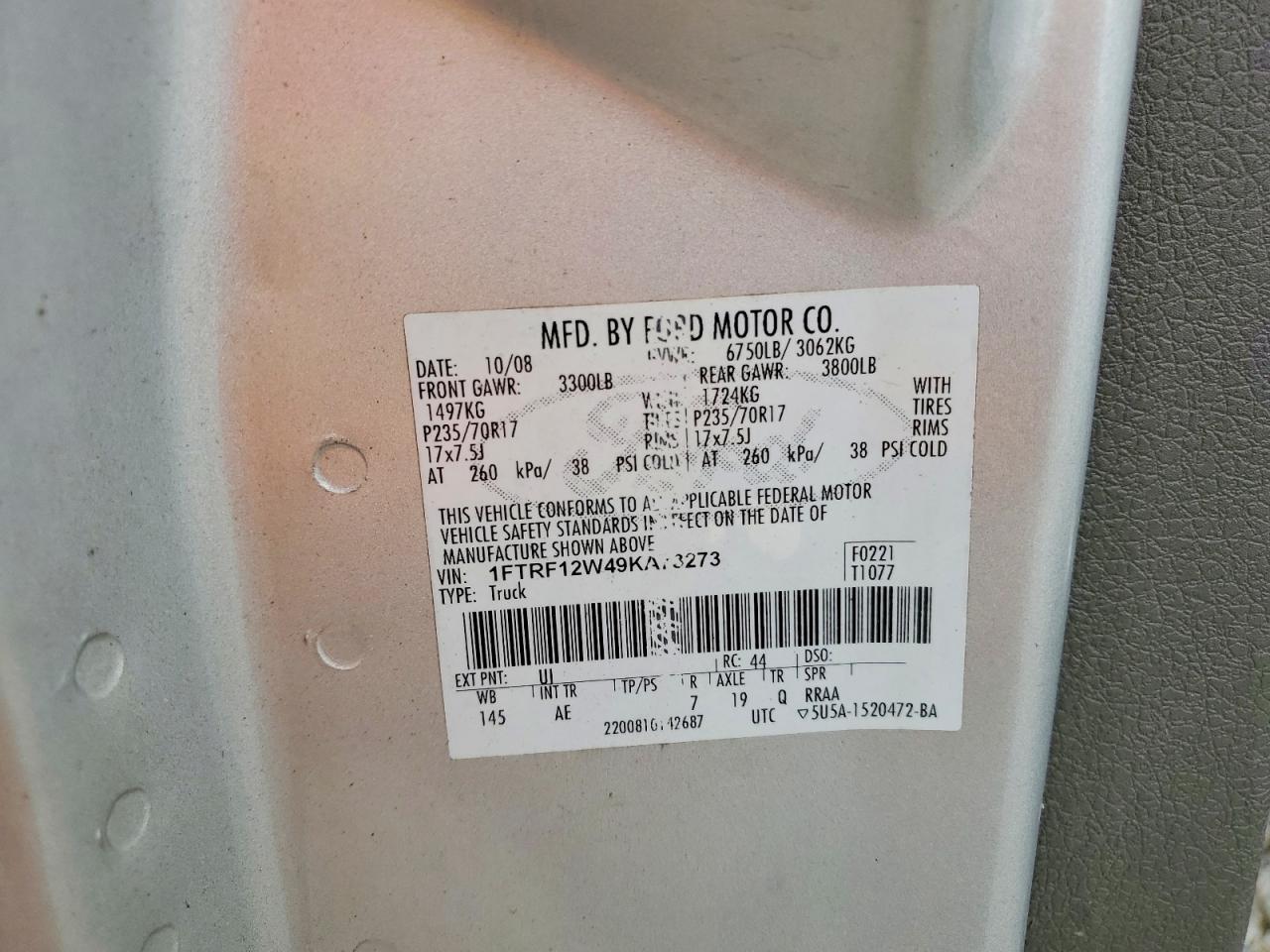 2009 Ford F150 Silver vin: 1FTRF12W49KA73273