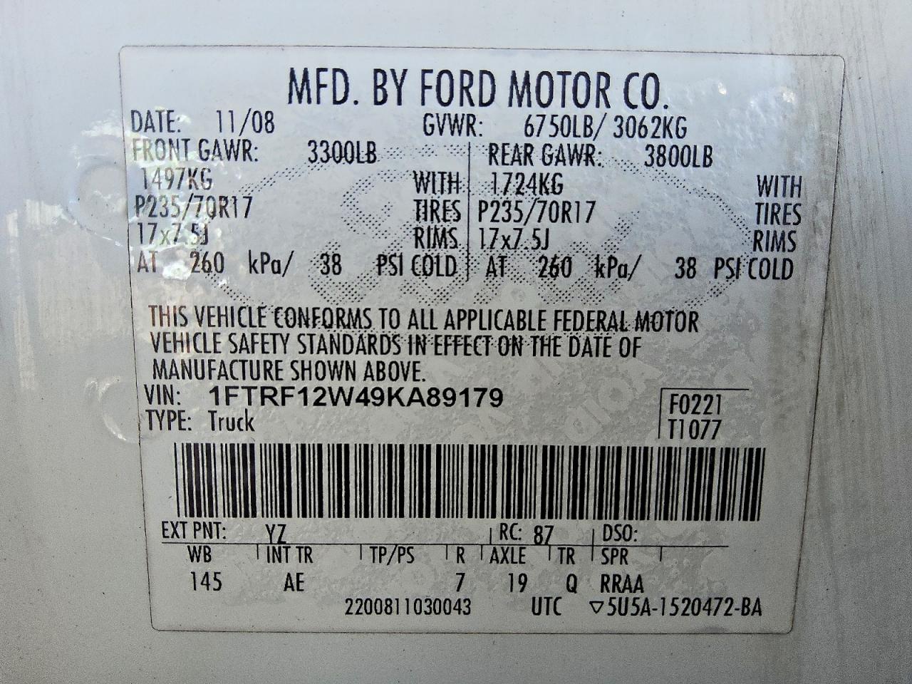 2009 Ford F150 Белый vin: 1FTRF12W49KA89179