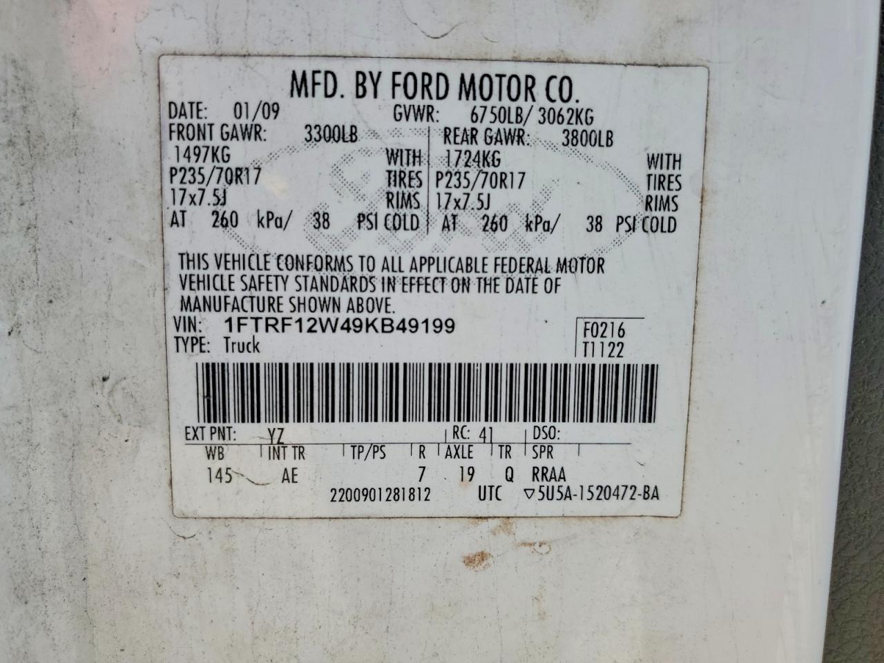 2009 Ford F150 White vin: 1FTRF12W49KB49199