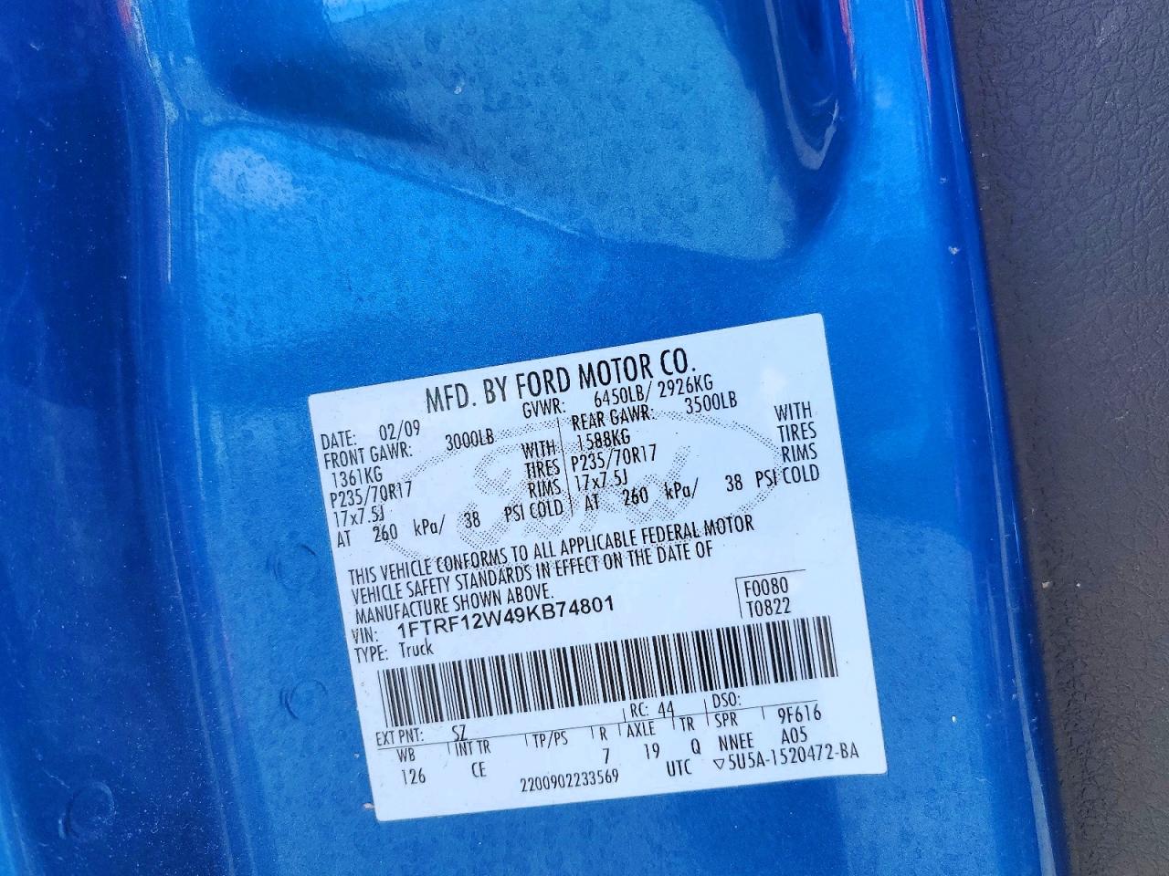 2009 Ford F150 Blue vin: 1FTRF12W49KB74801