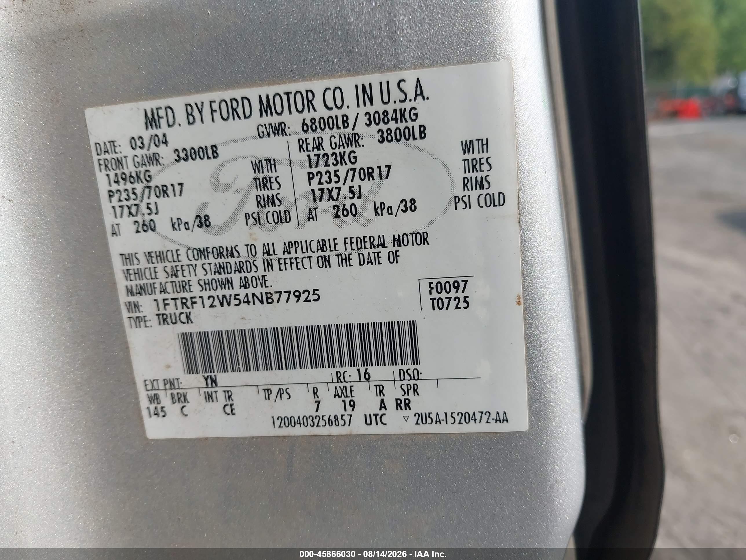2004 Ford F-150 Stx/xl/xlt Silver vin: 1FTRF12W54NB77925