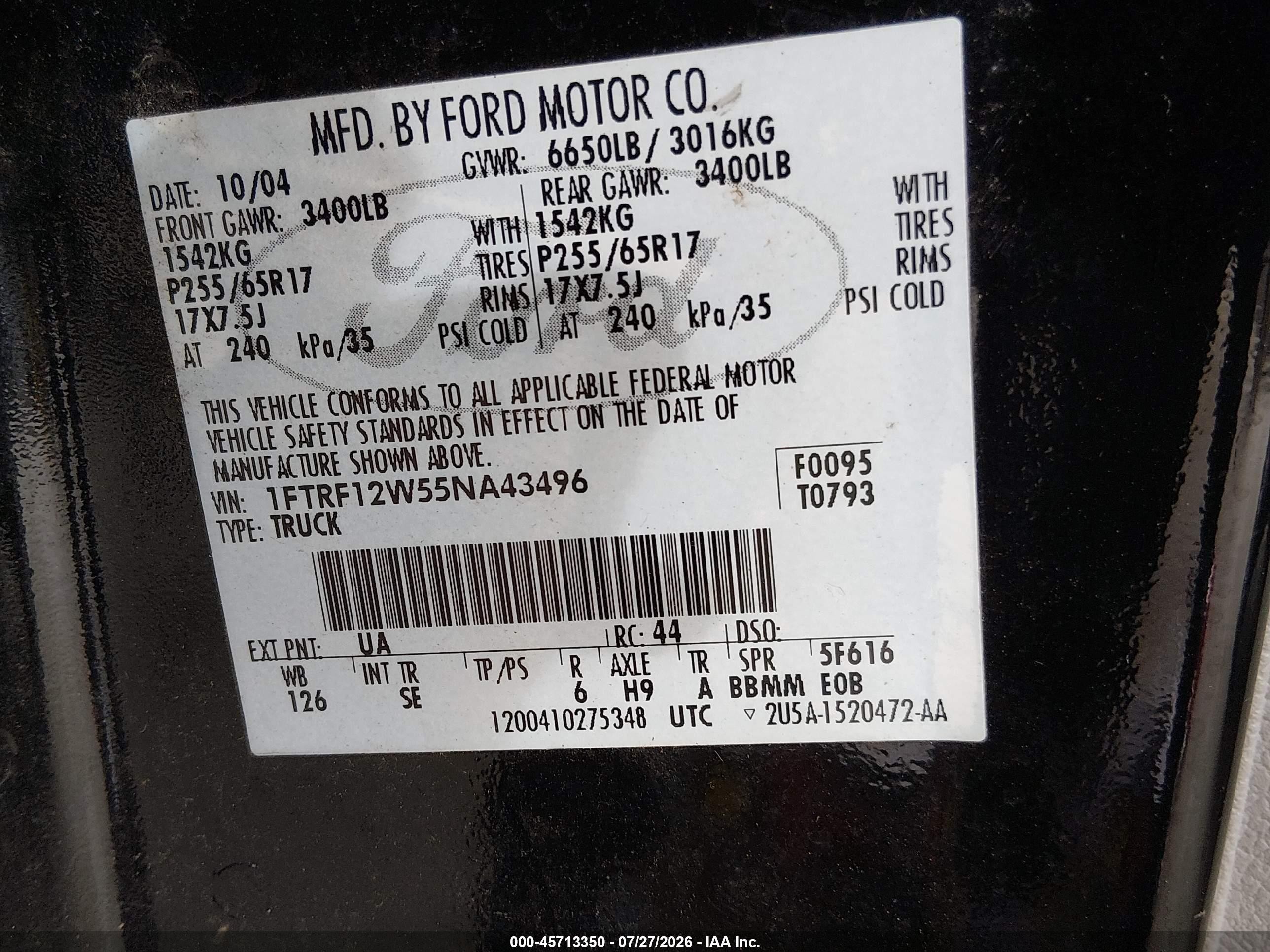 2005 Ford F-150 Stx/xl/xlt Black vin: 1FTRF12W55NA43496