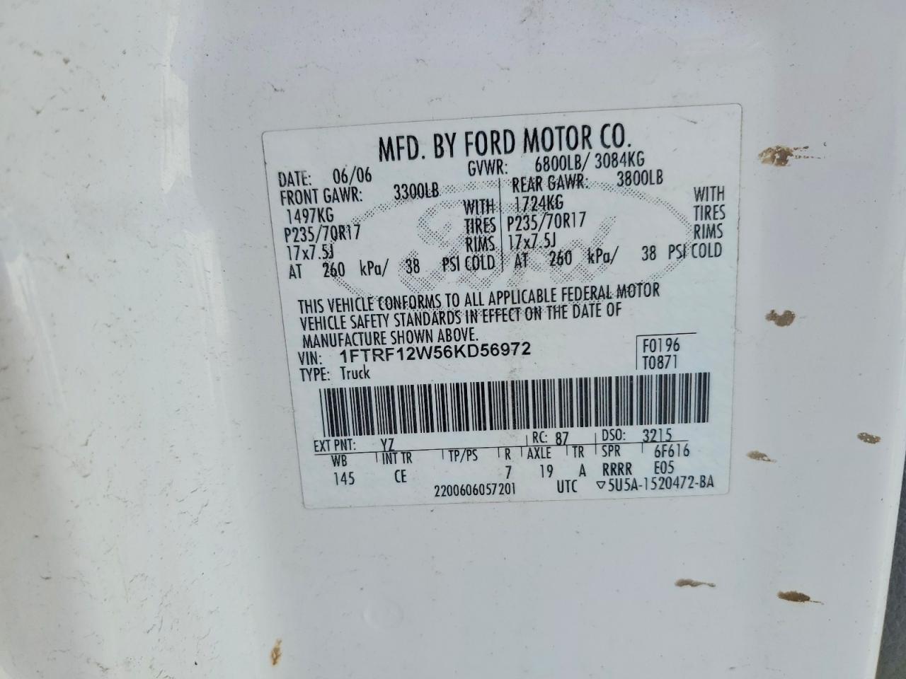 2006 Ford F150 White vin: 1FTRF12W56KD56972
