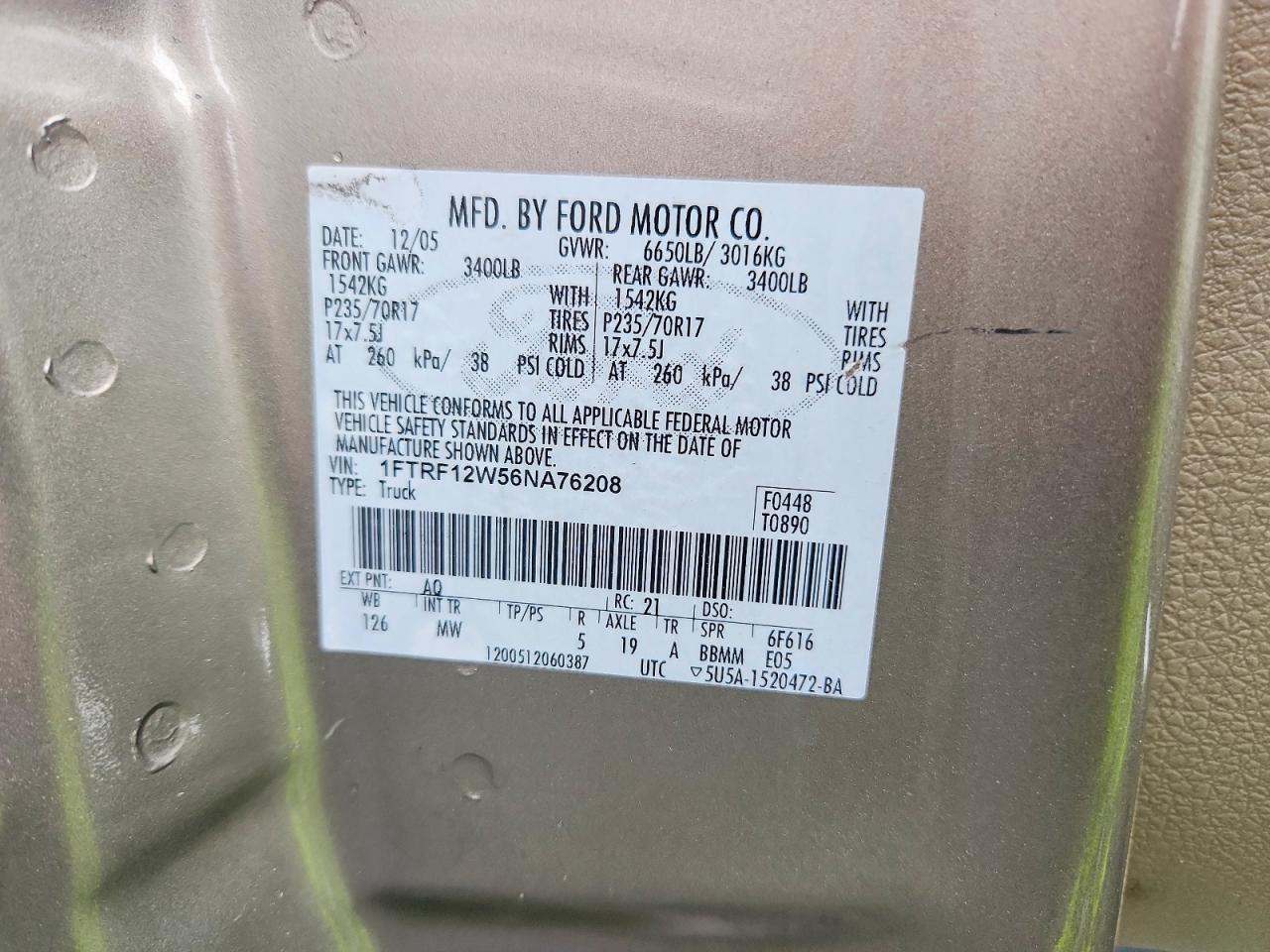 2006 Ford F150 Желто-коричневый vin: 1FTRF12W56NA76208