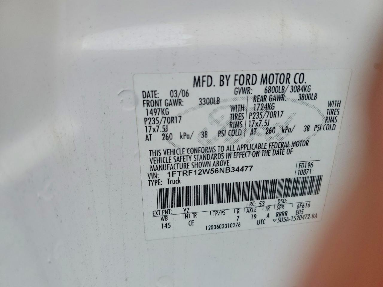 2006 Ford F150 Белый vin: 1FTRF12W56NB34477