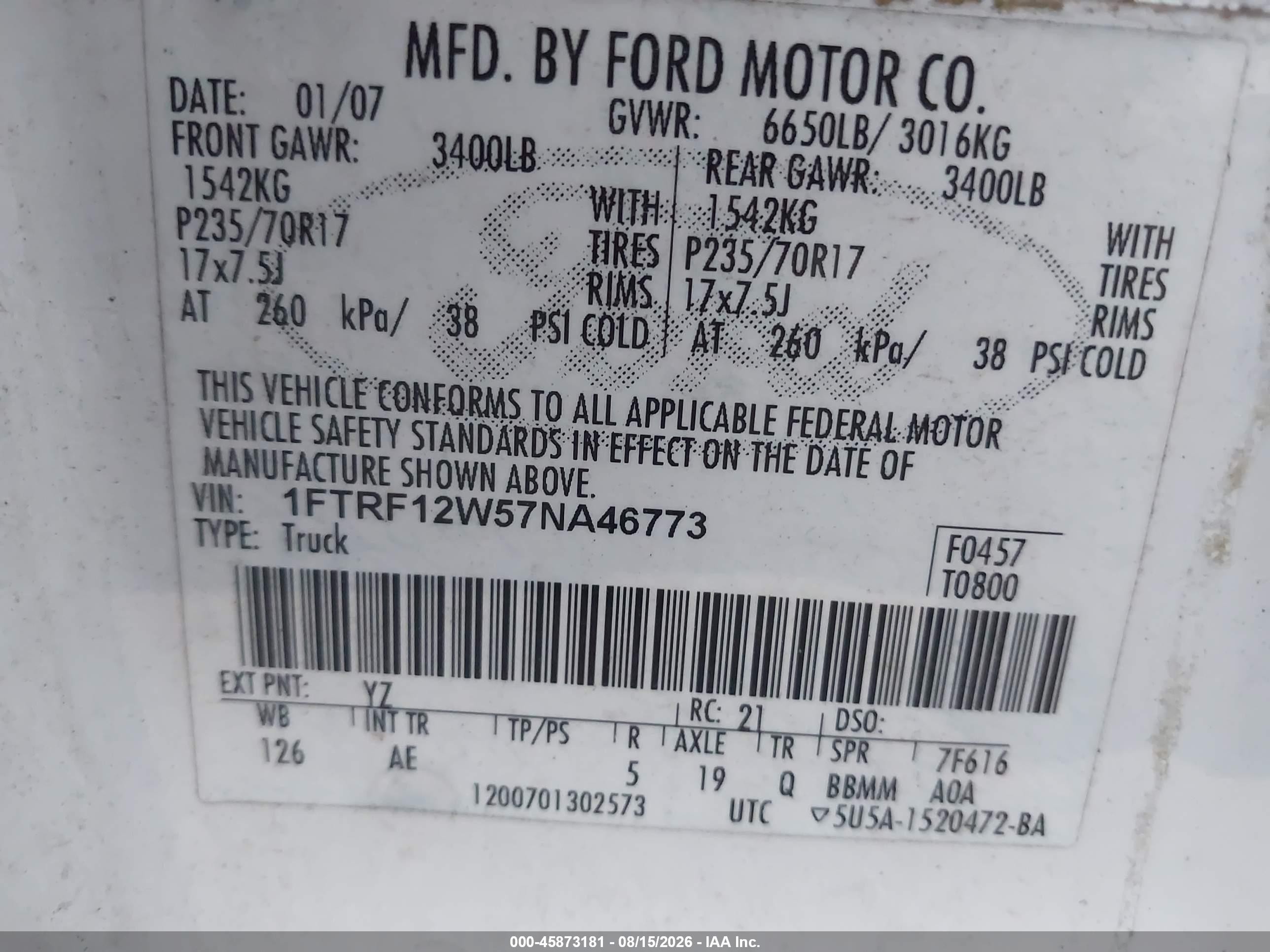 2007 Ford F-150 Stx/xl/xlt White vin: 1FTRF12W57NA46773