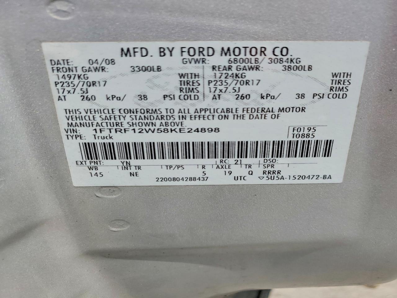 2008 Ford F150 Серебряный vin: 1FTRF12W58KE24898
