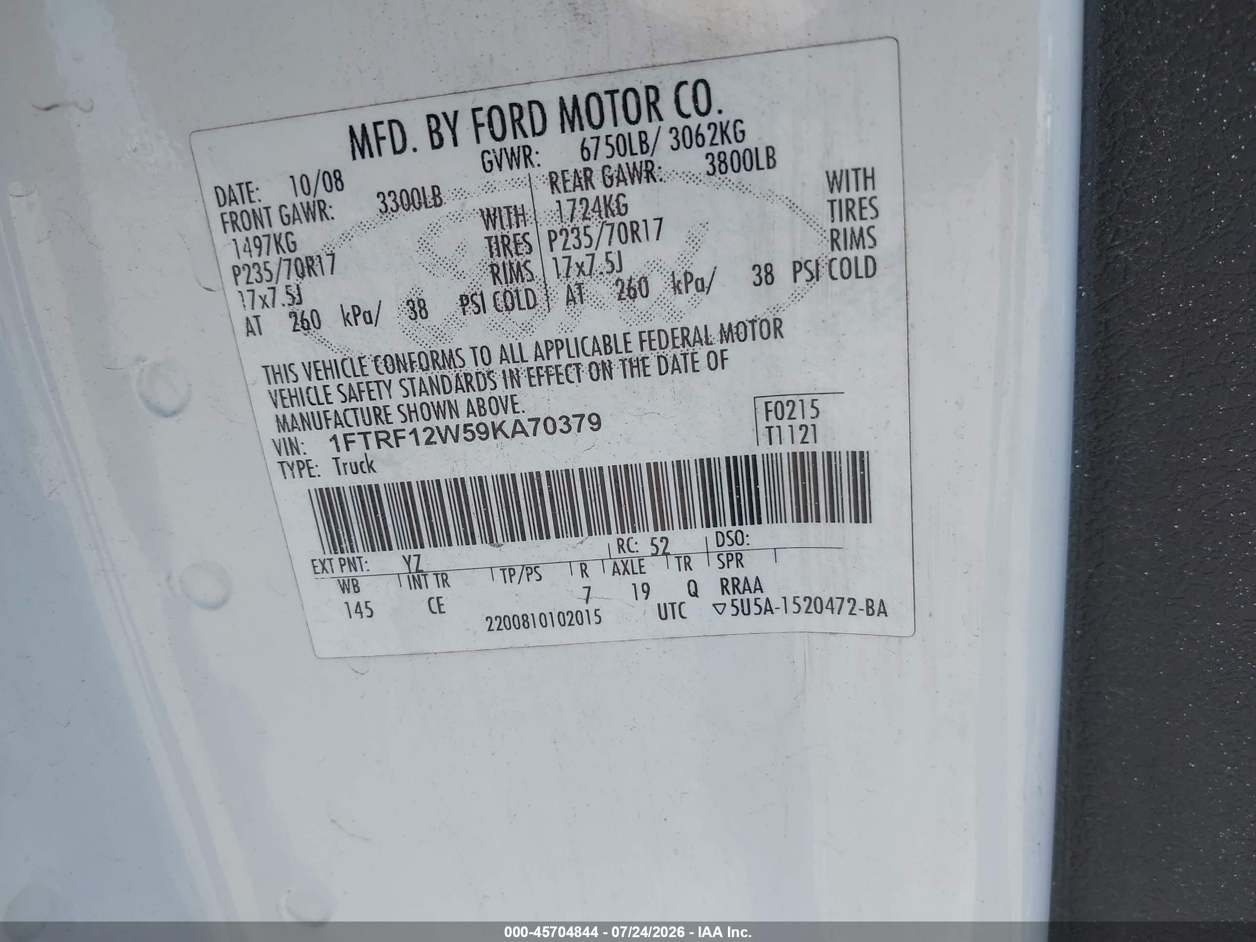 2009 Ford F-150 Stx/xl/xl W/midbox Prep/xlt/xlt W/midbox Prep White vin: 1FTRF12W59KA70379