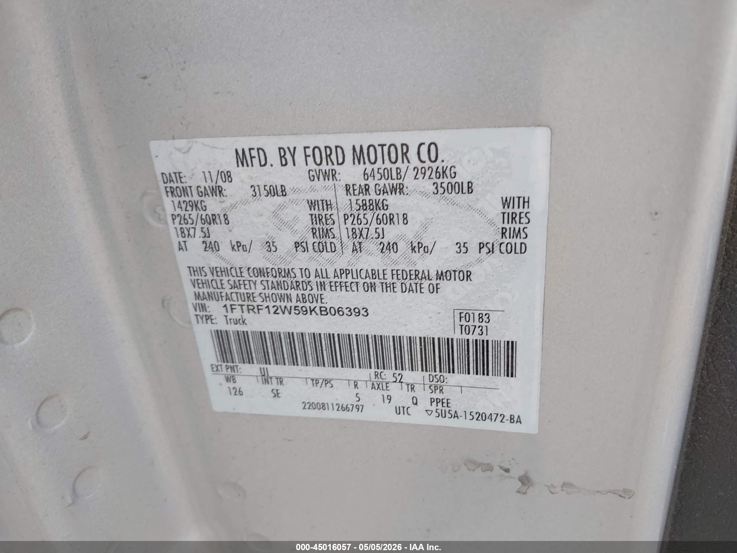 2009 Ford F-150 Stx/xl/xlt Silver vin: 1FTRF12W59KB06393