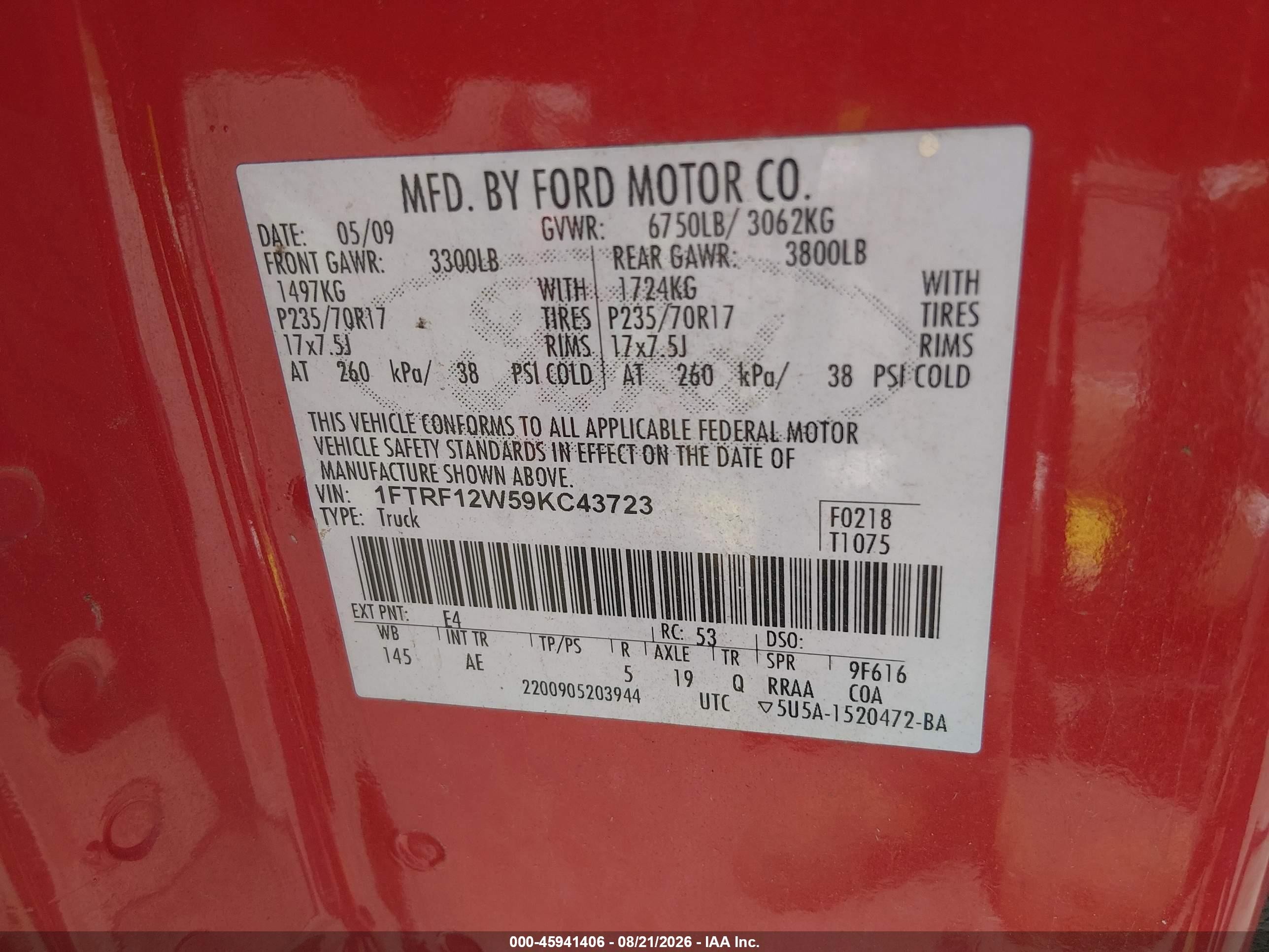 2009 Ford F-150 Stx/xl/xl W/midbox Prep/xlt/xlt W/midbox Prep Red vin: 1FTRF12W59KC43723