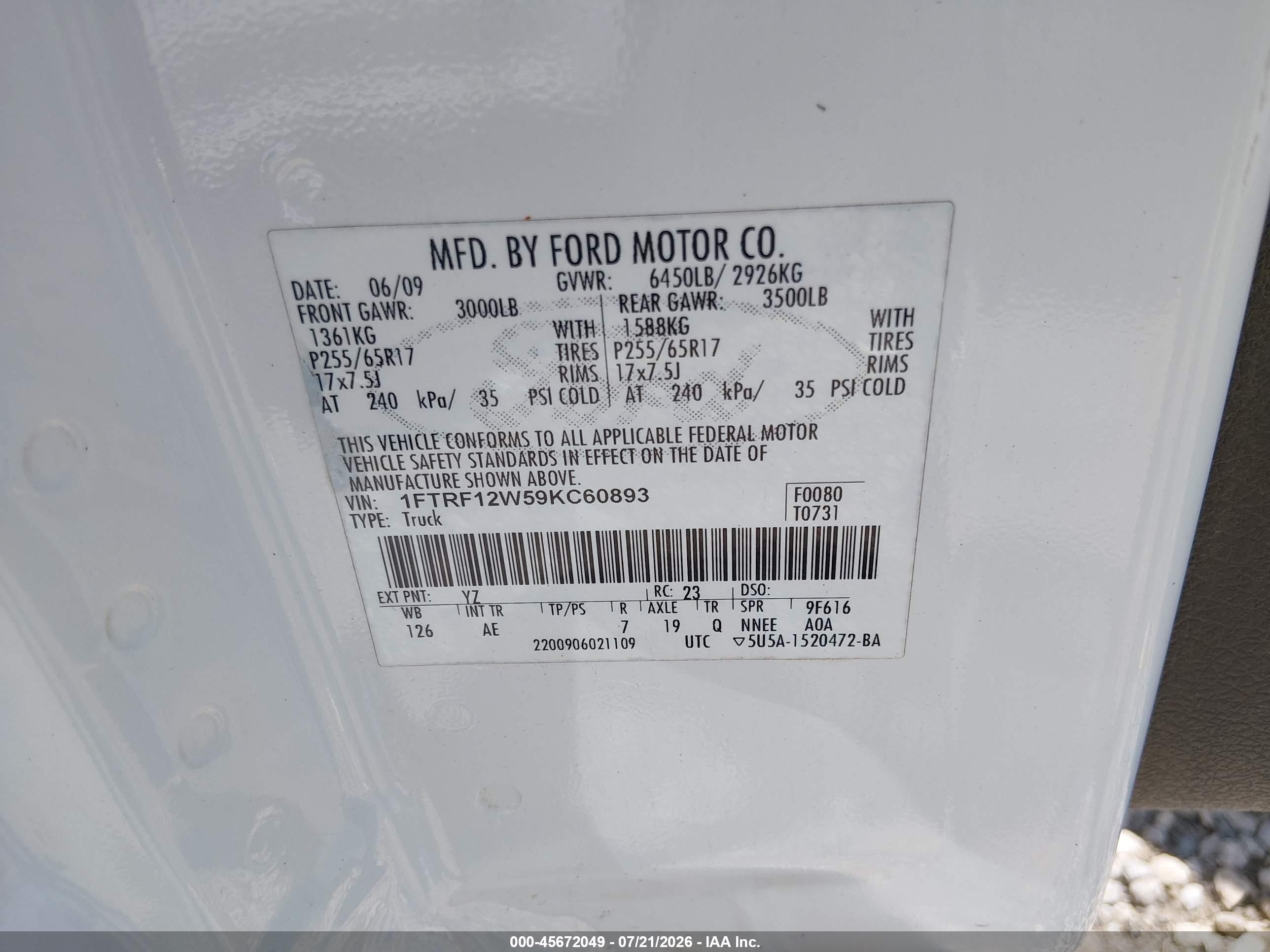 2009 Ford F-150 Stx/xl/xl W/midbox Prep/xlt/xlt W/midbox Prep Белый vin: 1FTRF12W59KC60893