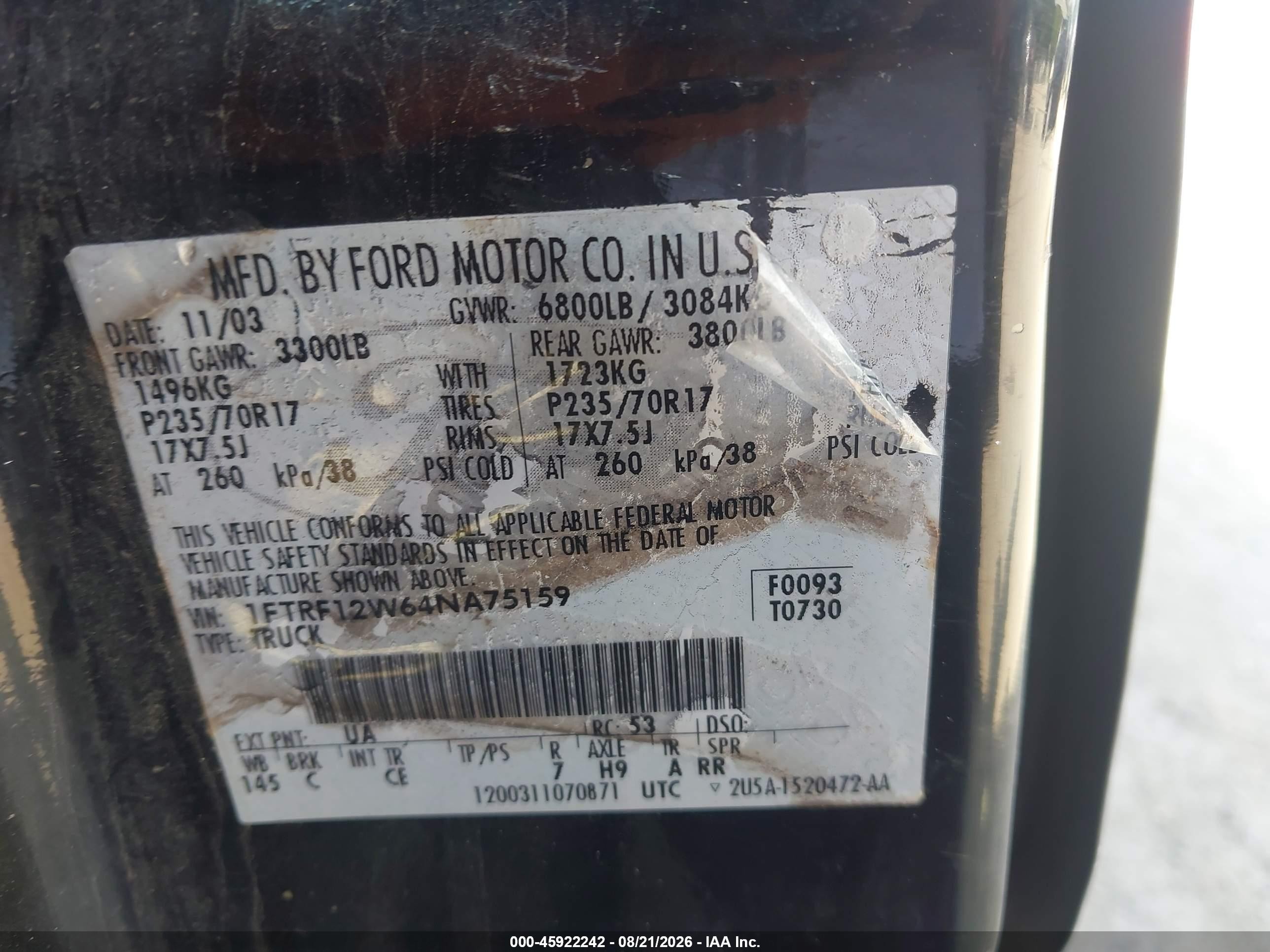 2004 Ford F-150 Stx/xl/xlt Черный vin: 1FTRF12W64NA75159